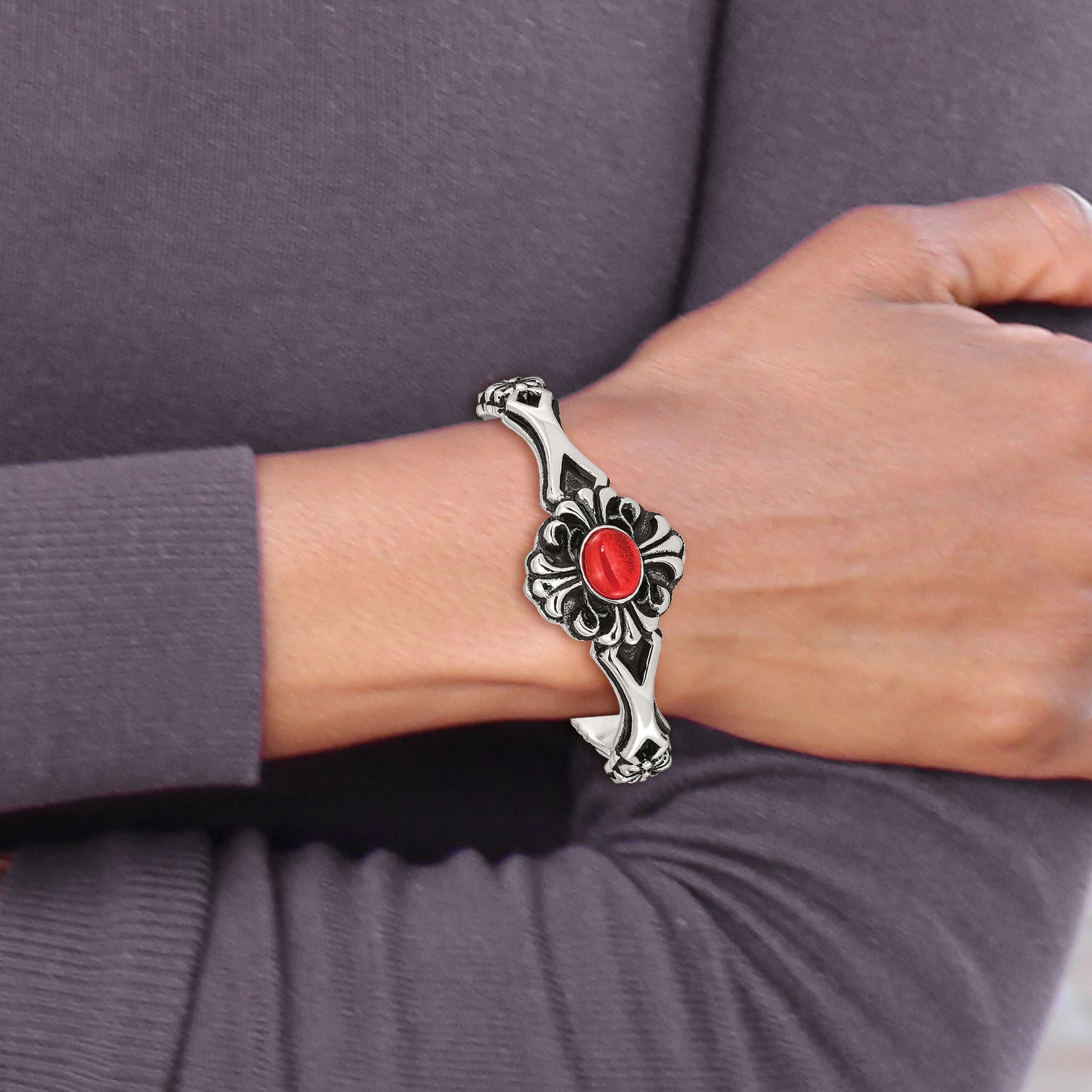 Stainless Steel Antiqued & Polished w/Red Glass Flower Cuff Bracelet