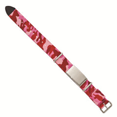 Stainless Steel Polished Pink Camo Fabric Adj. ID Bracelet