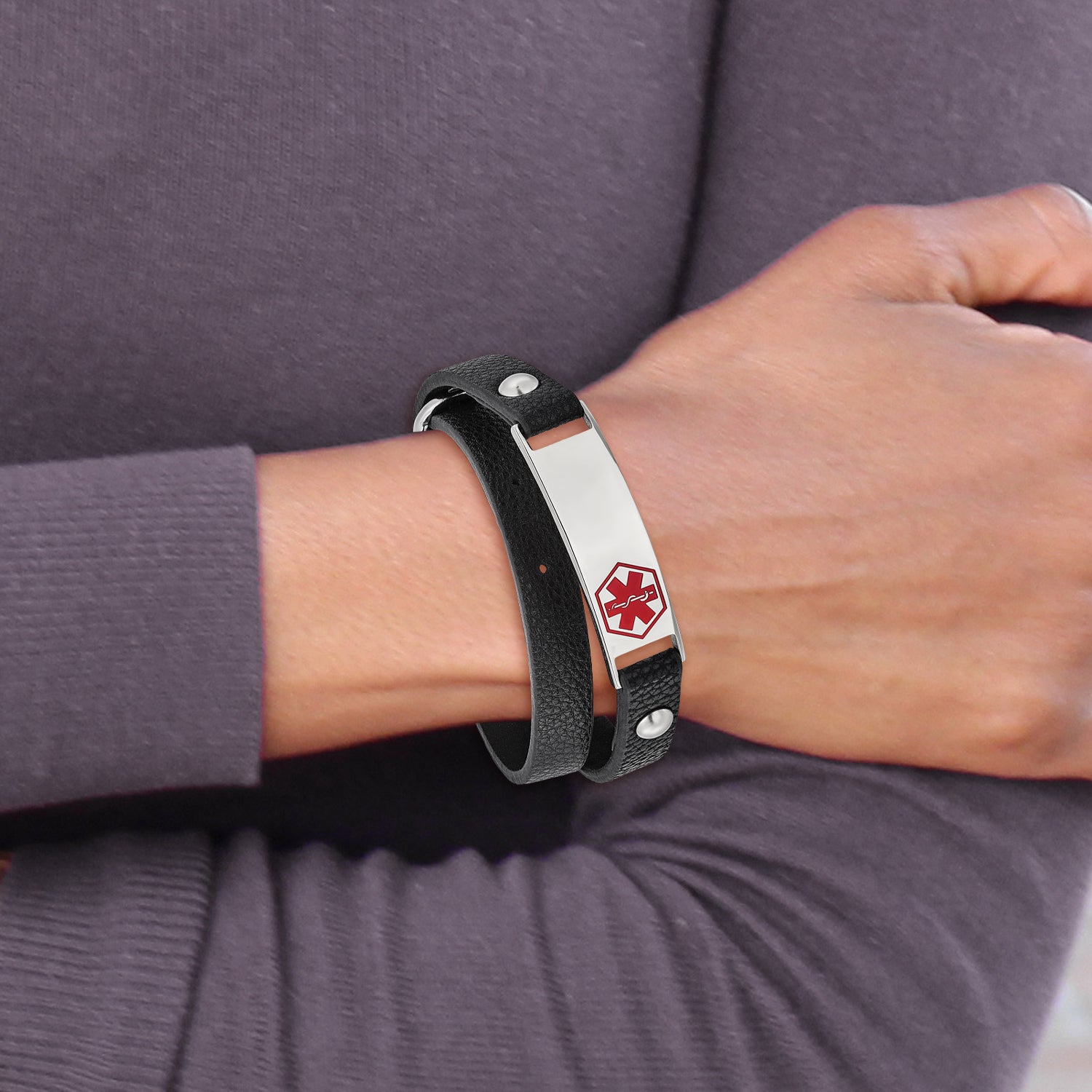 Chisel Stainless Steel Polished with Red Enamel Medical ID Black Leather Adjustable Wrap Bracelet