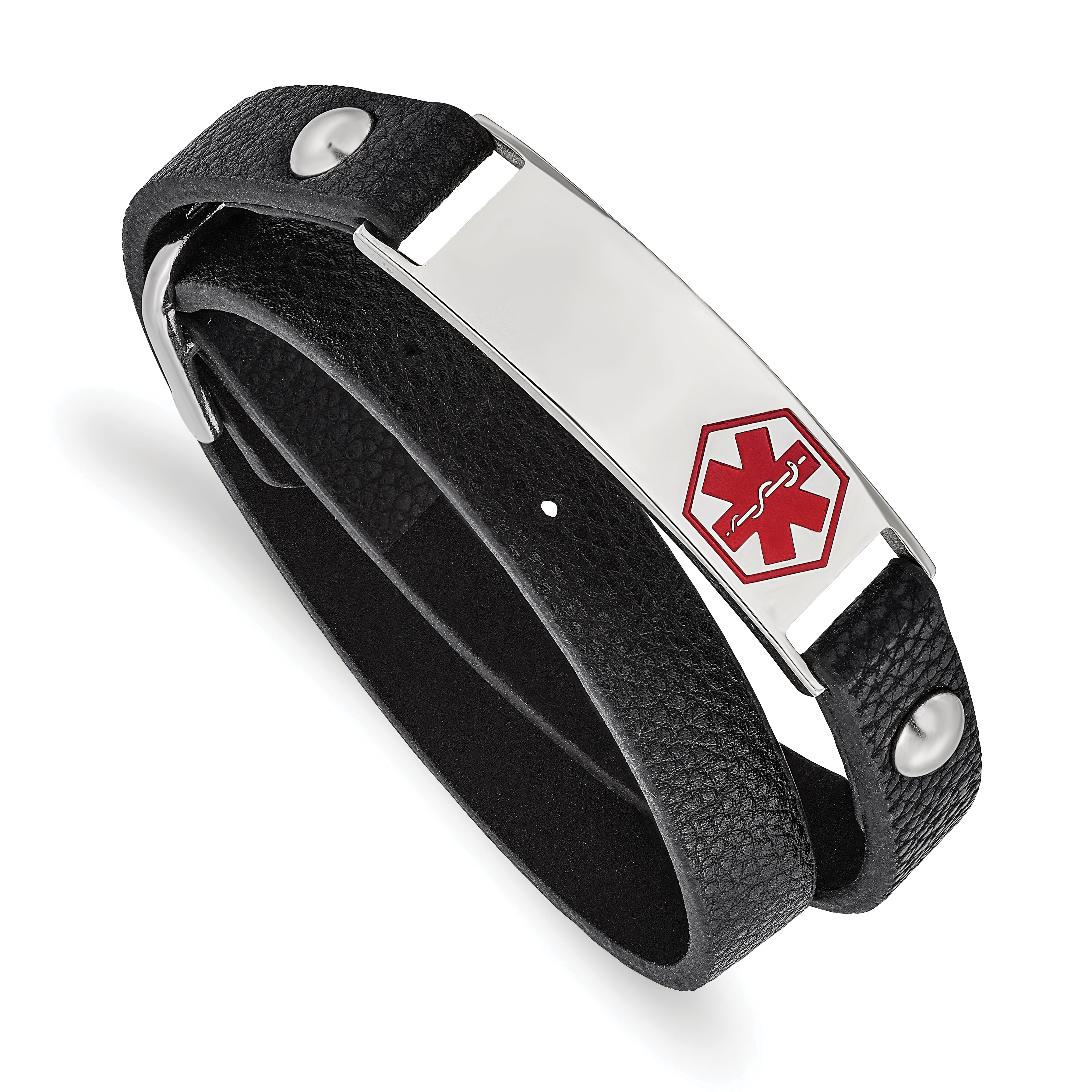 Chisel Stainless Steel Polished with Red Enamel Medical ID Black Leather Adjustable Wrap Bracelet