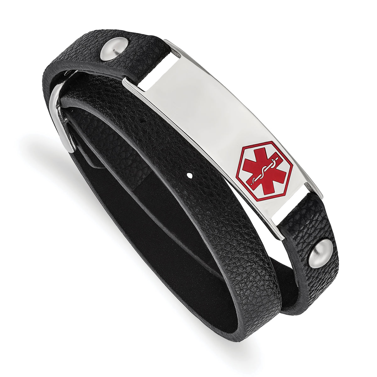 Chisel Stainless Steel Polished with Red Enamel Medical ID Black Leather Adjustable Wrap Bracelet