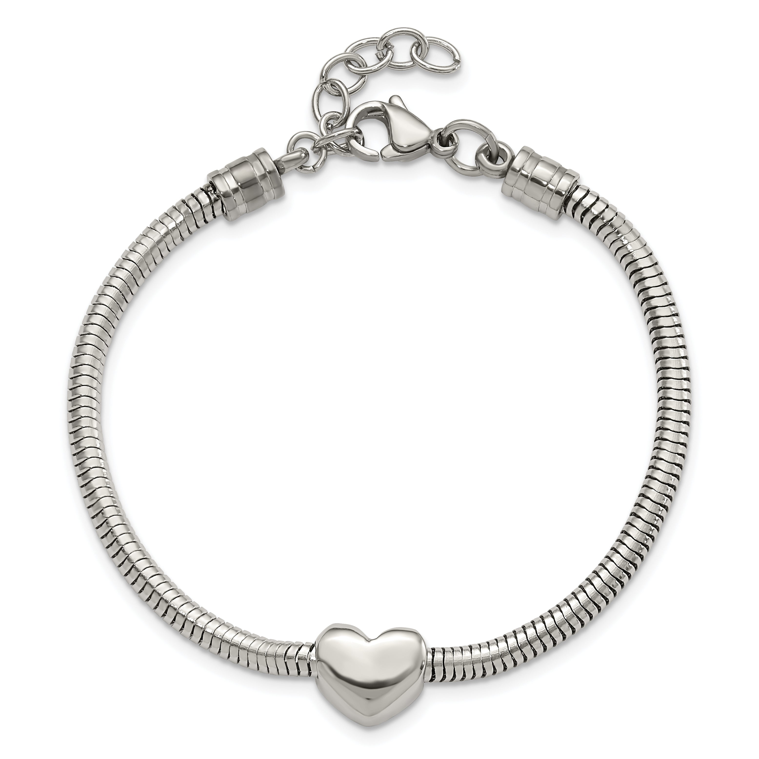 Stainless Steel Polished Heart Bead Snake Chain with 1in ext. Bracelet