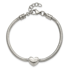 Stainless Steel Polished Heart Bead Snake Chain with 1in ext. Bracelet