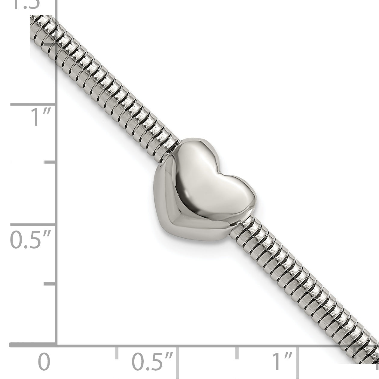 Stainless Steel Polished Heart Bead Snake Chain with 1in ext. Bracelet