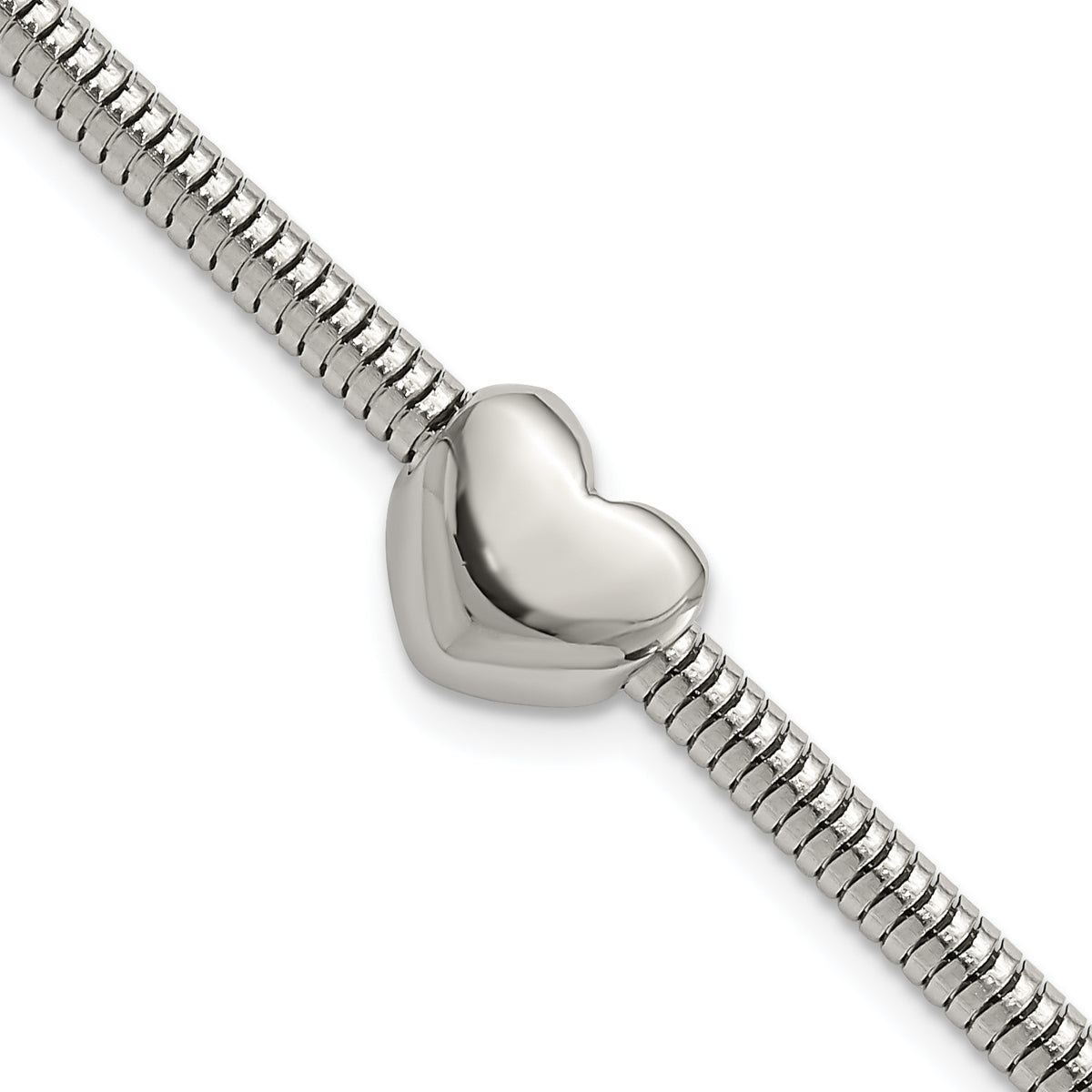 Stainless Steel Polished Heart Bead Snake Chain with 1in ext. Bracelet