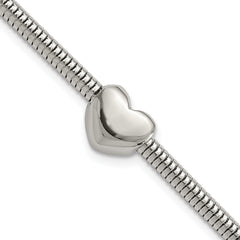 Stainless Steel Polished Heart Bead Snake Chain with 1in ext. Bracelet