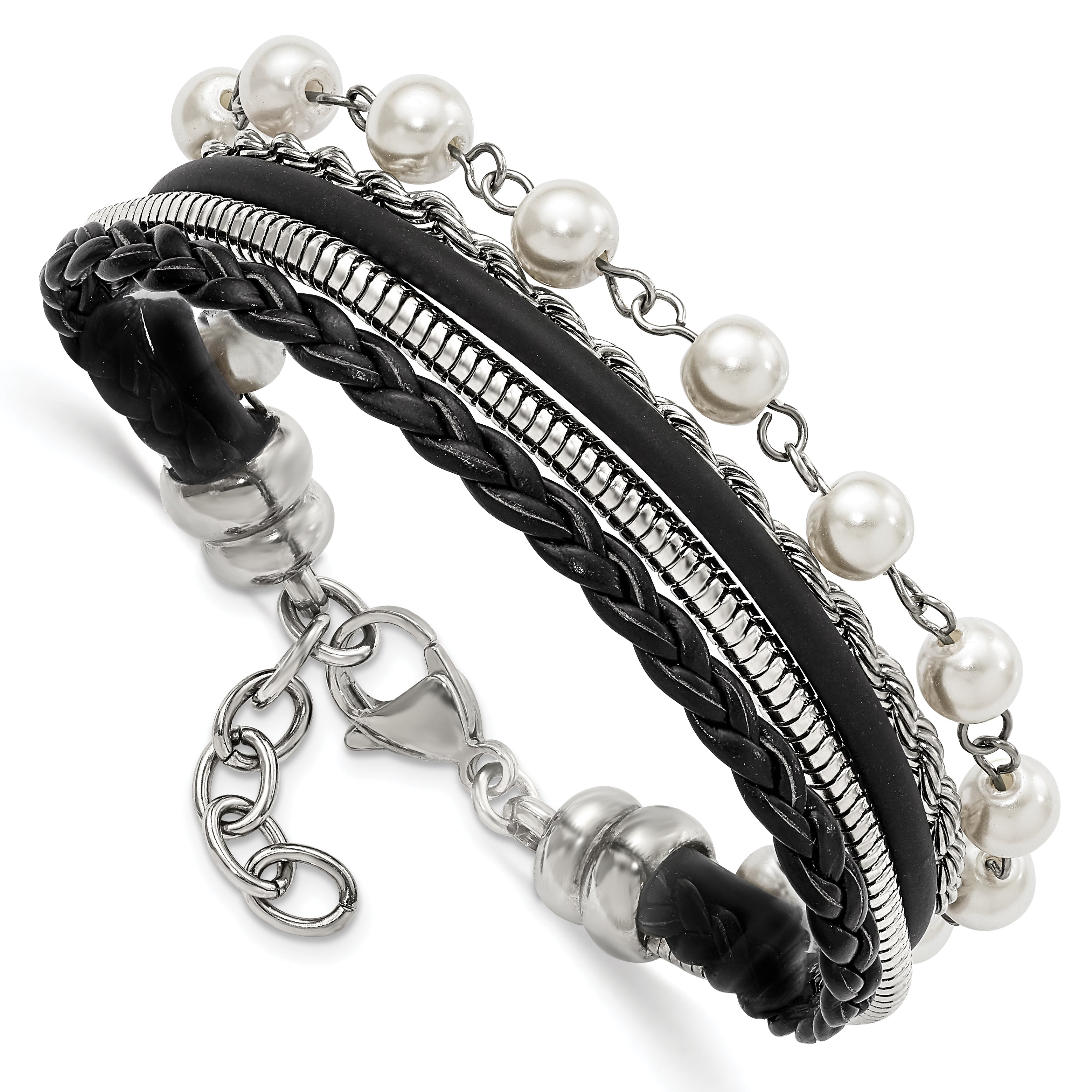 Stainless Steel Polished Leather w/Simulated Pearls w/ 1in ext Bracelet