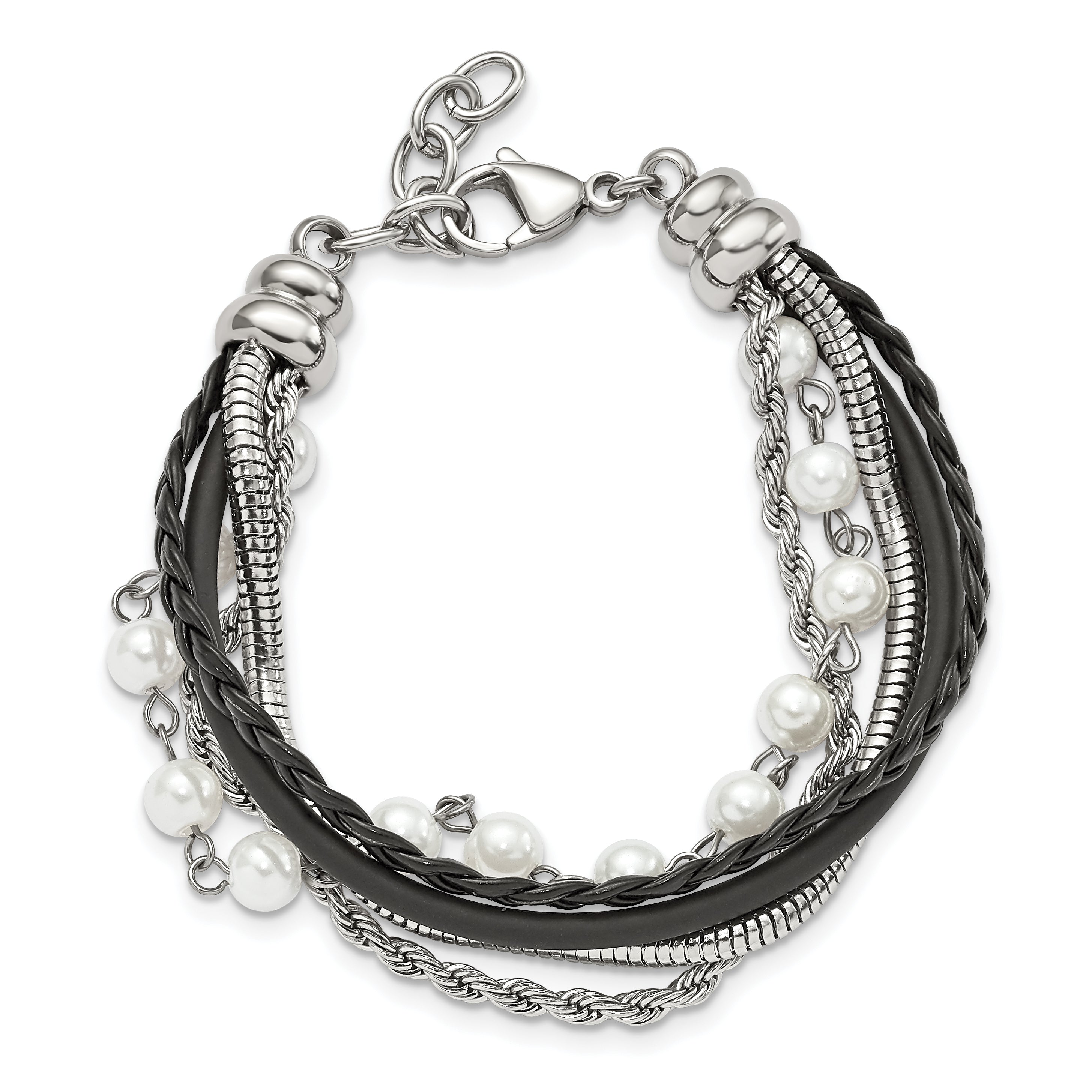 Stainless Steel Polished Leather w/Simulated Pearls w/ 1in ext Bracelet