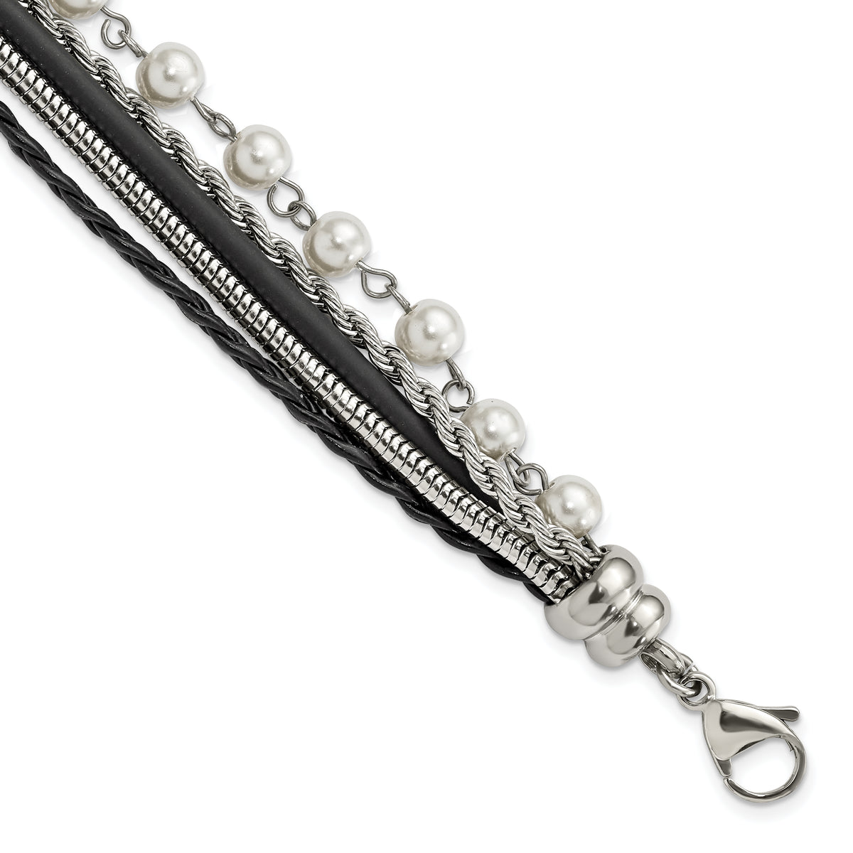 Stainless Steel Polished Leather w/Simulated Pearls w/ 1in ext Bracelet