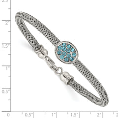 Stainless Steel 7.25in Polished and Textured Blue Crystal Bracelet