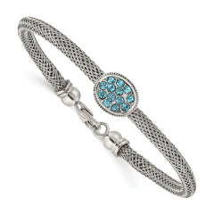 Stainless Steel 7.25in Polished and Textured Blue Crystal Bracelet