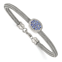 Stainless Steel Polished and Textured Blue Crystal 7.25 in Bracelet