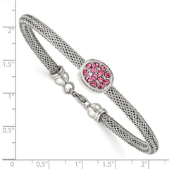 Stainless Steel 7.25in Polished and Textured Pink Crystal Bracelet