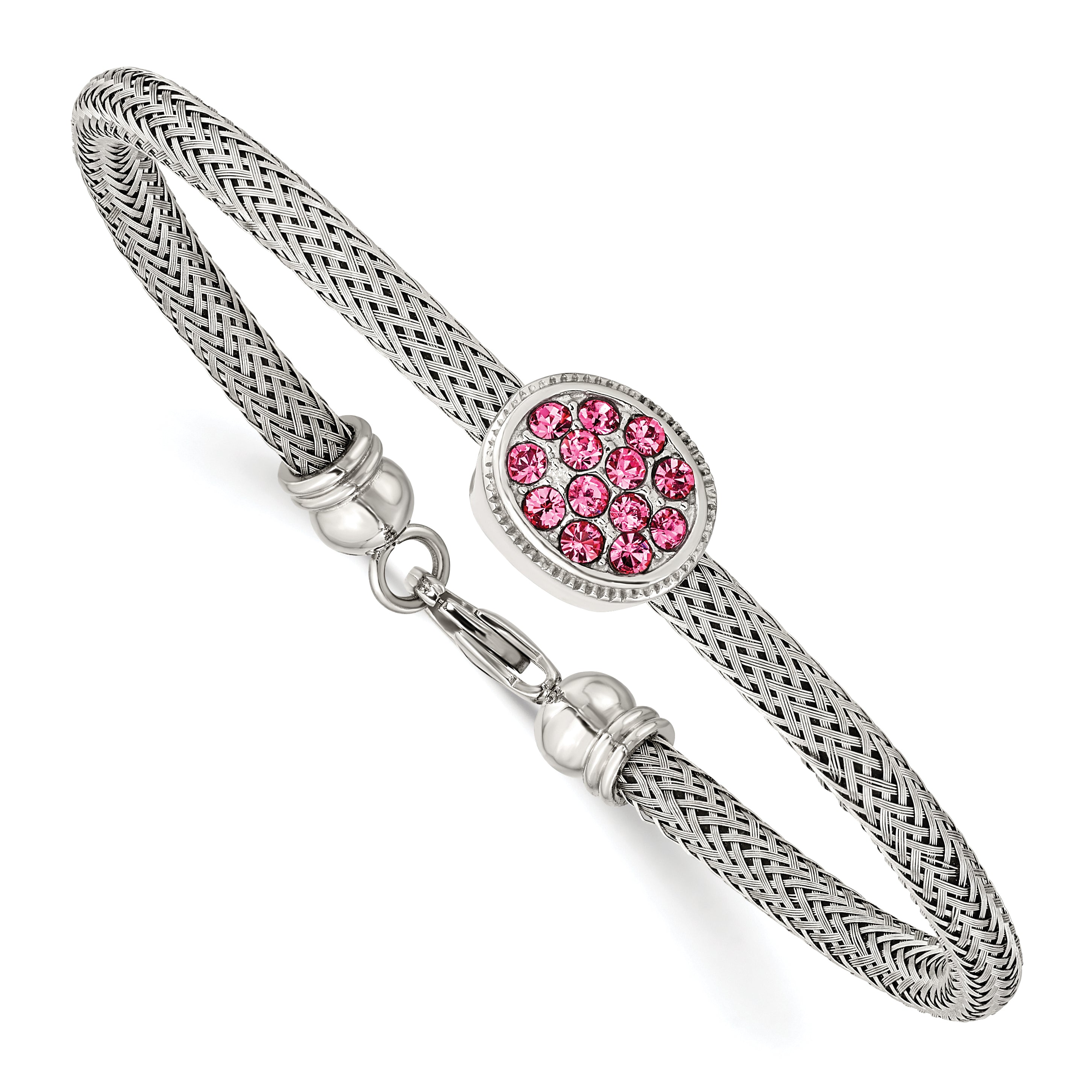 Stainless Steel 7.25in Polished and Textured Pink Crystal Bracelet