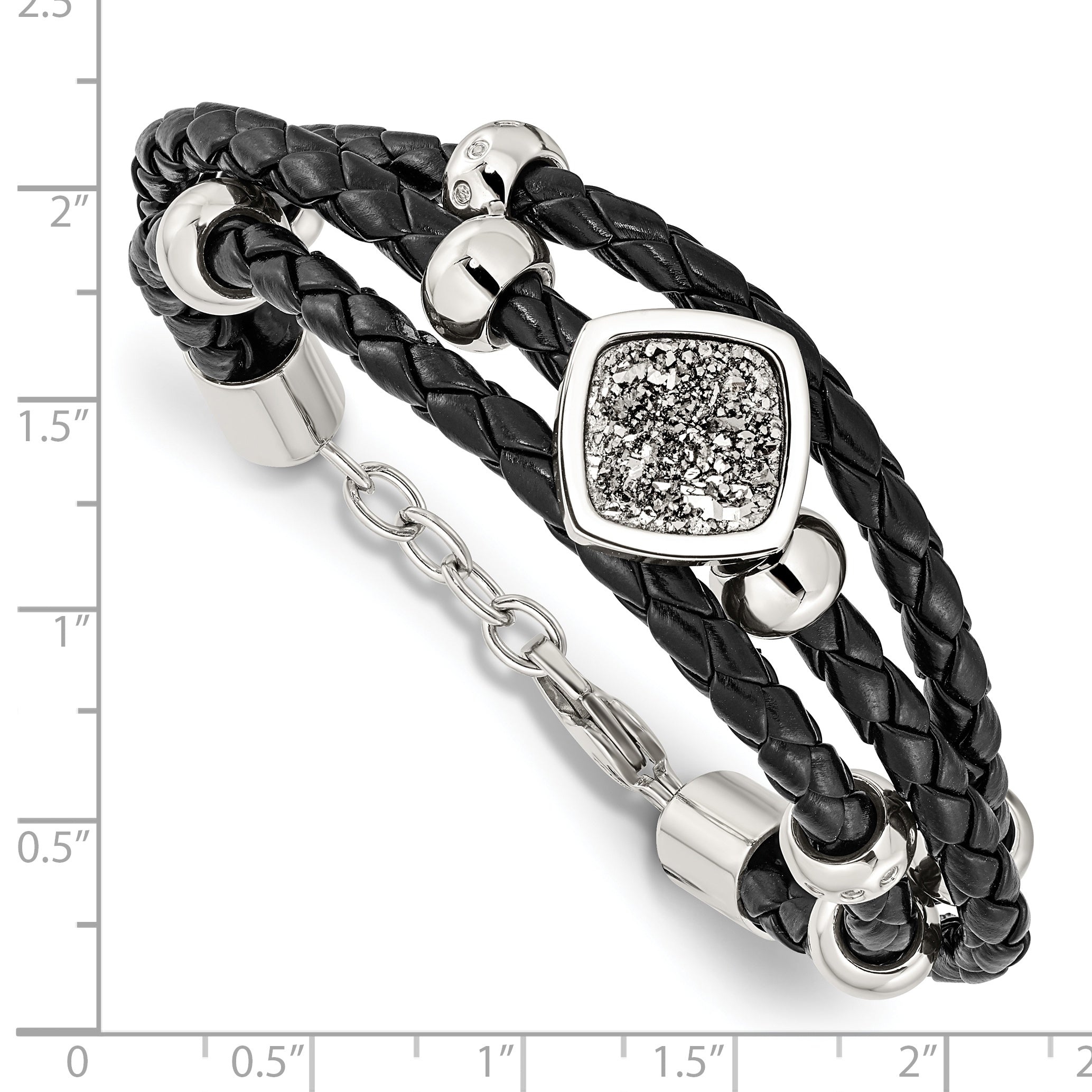 Stainless Steel w/.75in ext Polished w/Druzy and Crystal Leather Bracelet