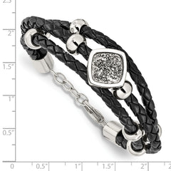 Stainless Steel w/.75in ext Polished w/Druzy and Crystal Leather Bracelet