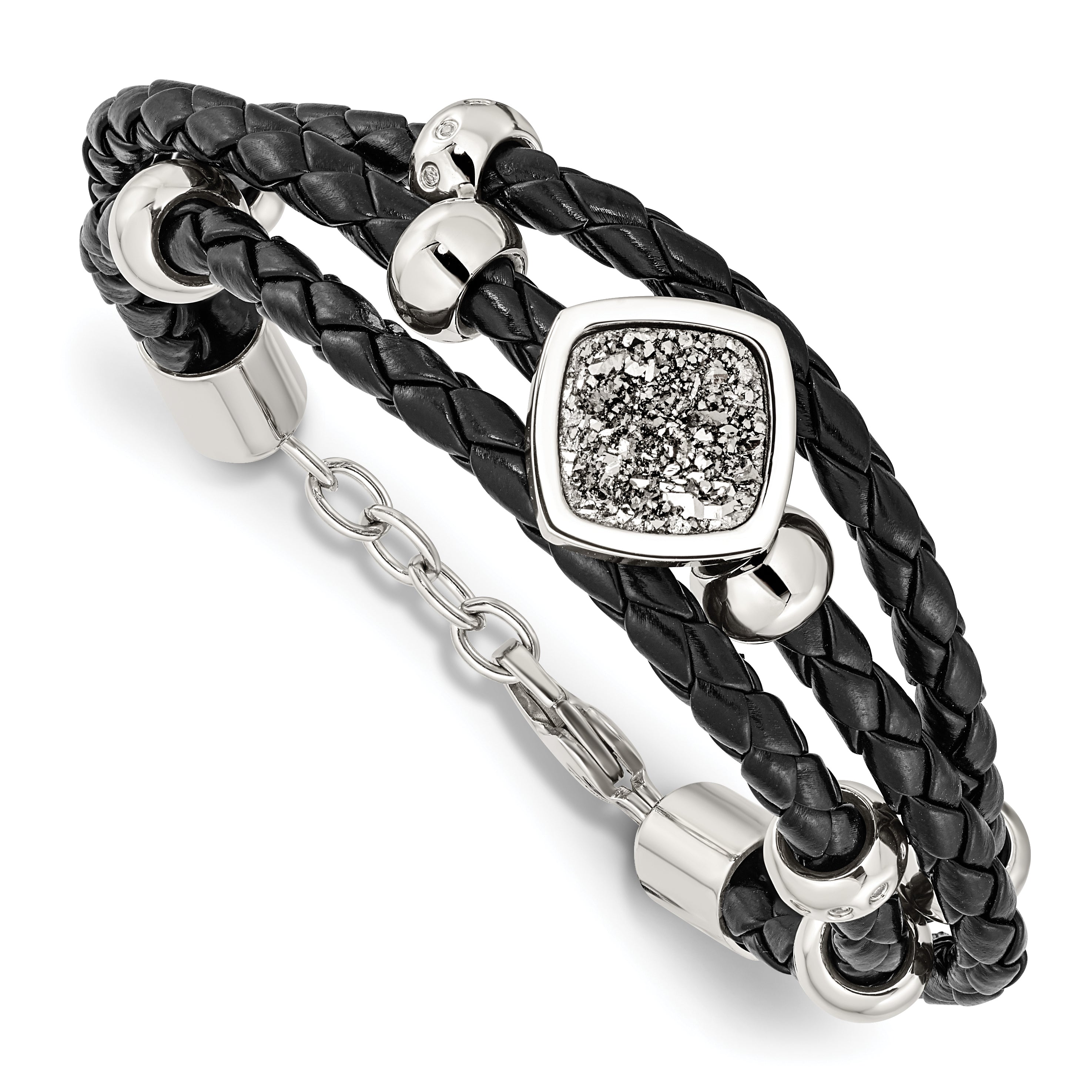 Stainless Steel w/.75in ext Polished w/Druzy and Crystal Leather Bracelet