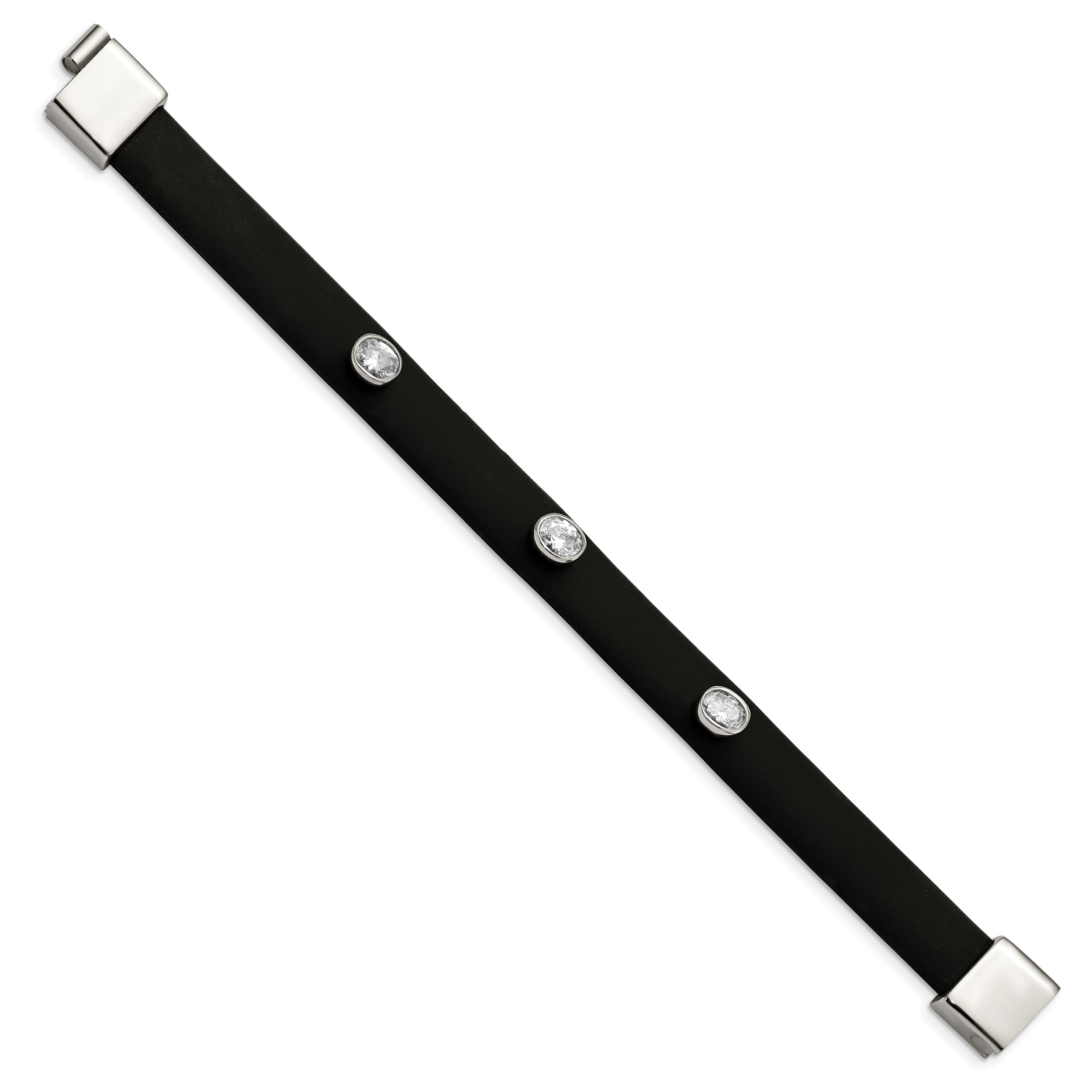 Stainless Steel Polished Black Silicone w/CZ 8in Bracelet