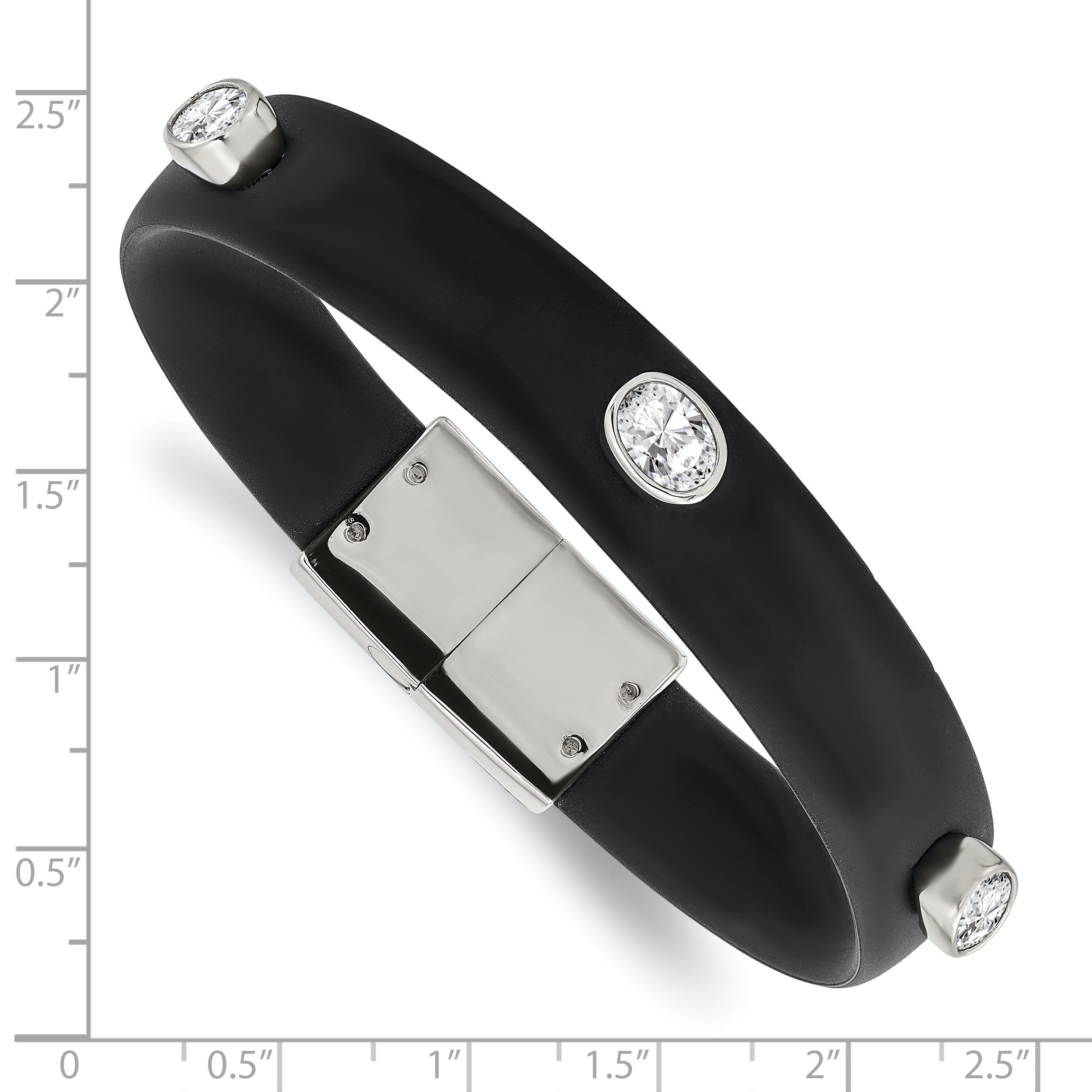 Stainless Steel Polished Black Silicone w/CZ 8in Bracelet