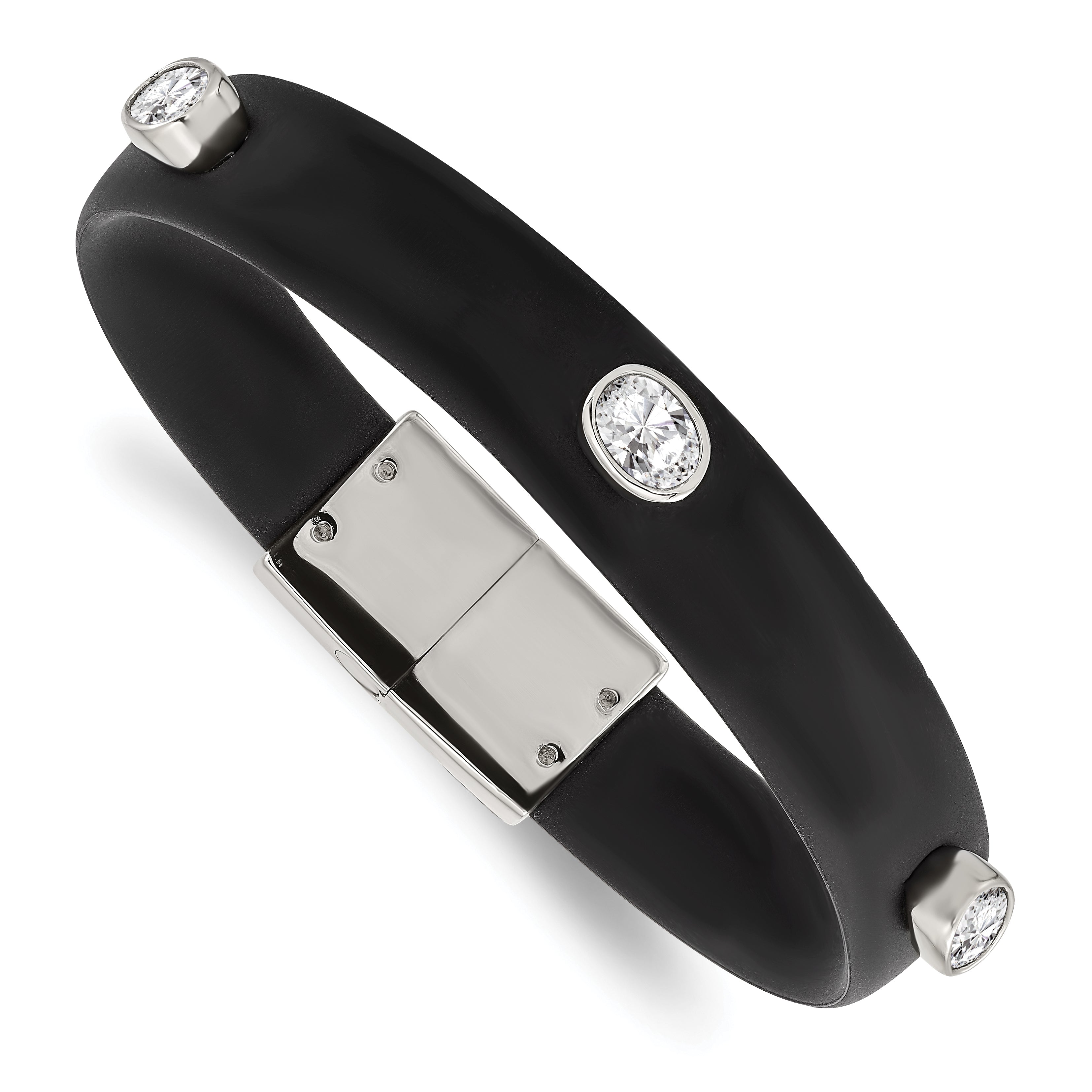 Stainless Steel Polished Black Silicone w/CZ 8in Bracelet