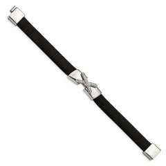 Stainless Steel Polished Black Silicone w/CZ 8.5in Bracelet