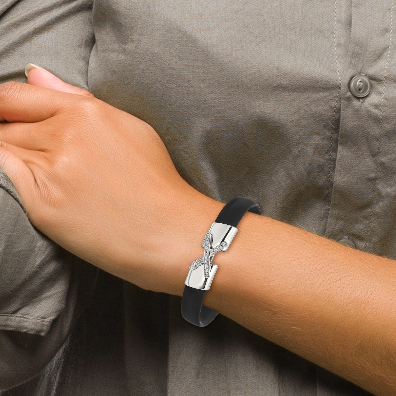 Stainless Steel Polished Black Silicone w/CZ 8.5in Bracelet