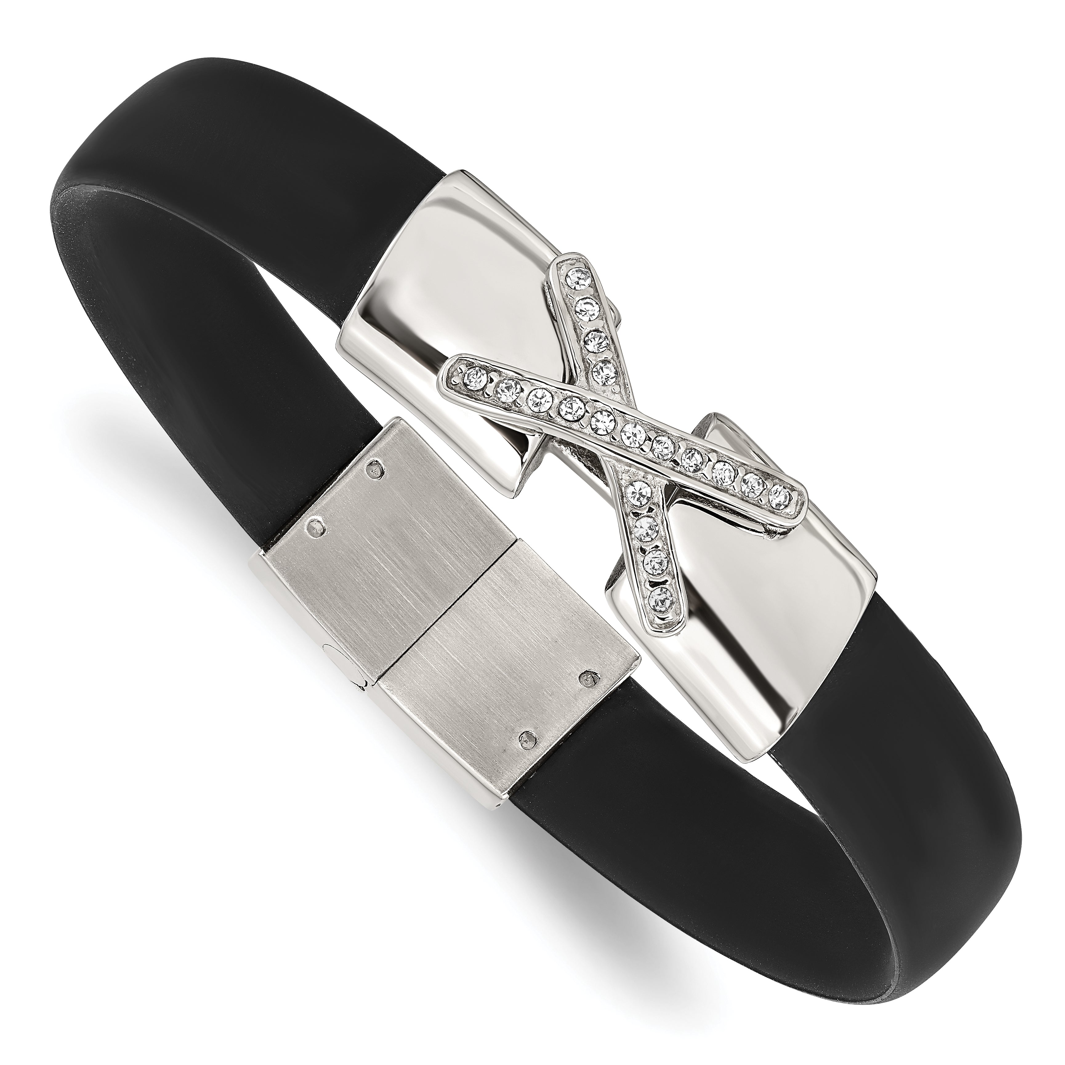 Stainless Steel Polished Black Silicone w/CZ 8.5in Bracelet