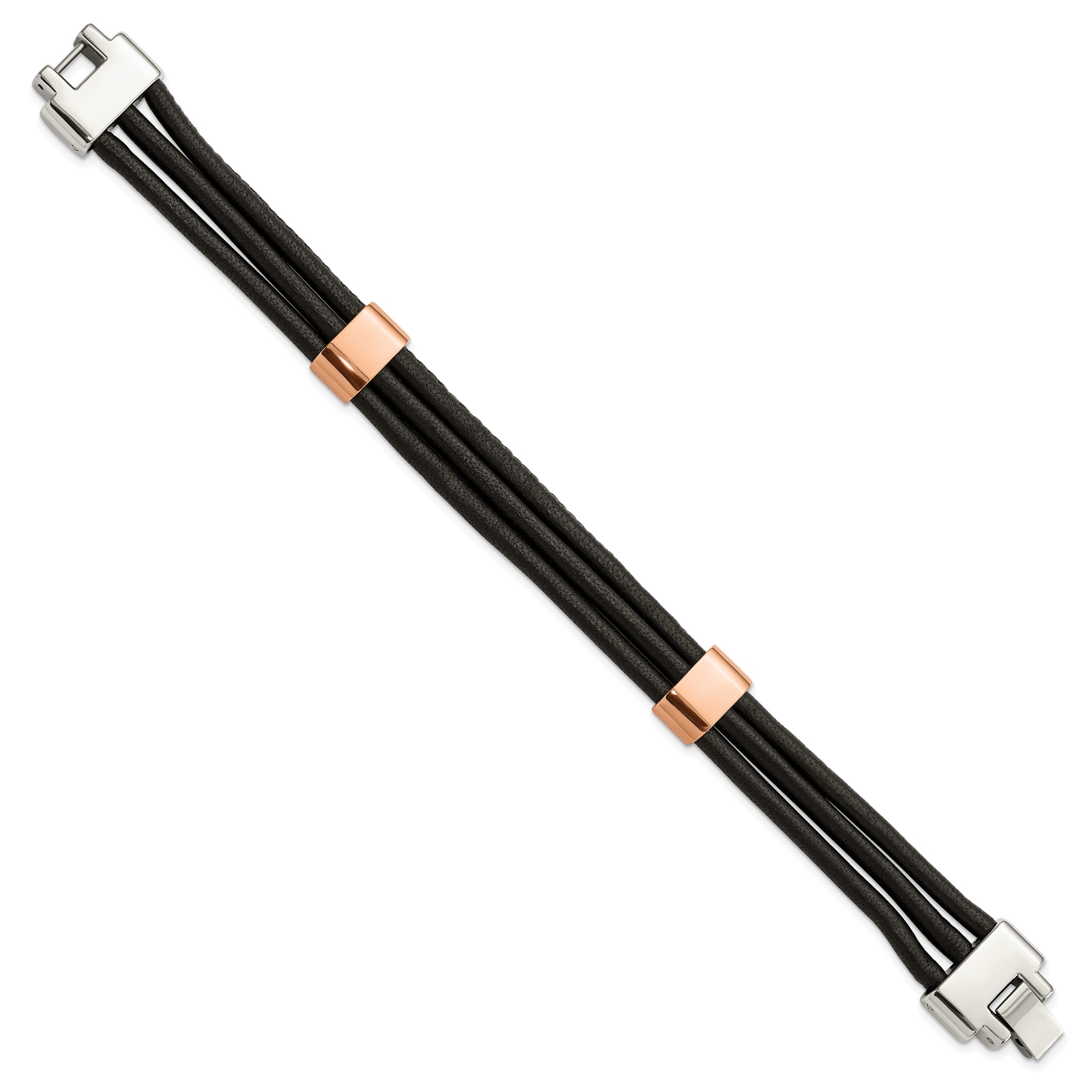 Chisel Stainless Steel Polished Rose IP-plated Multi Strand Black Leather 8 inch Bracelet