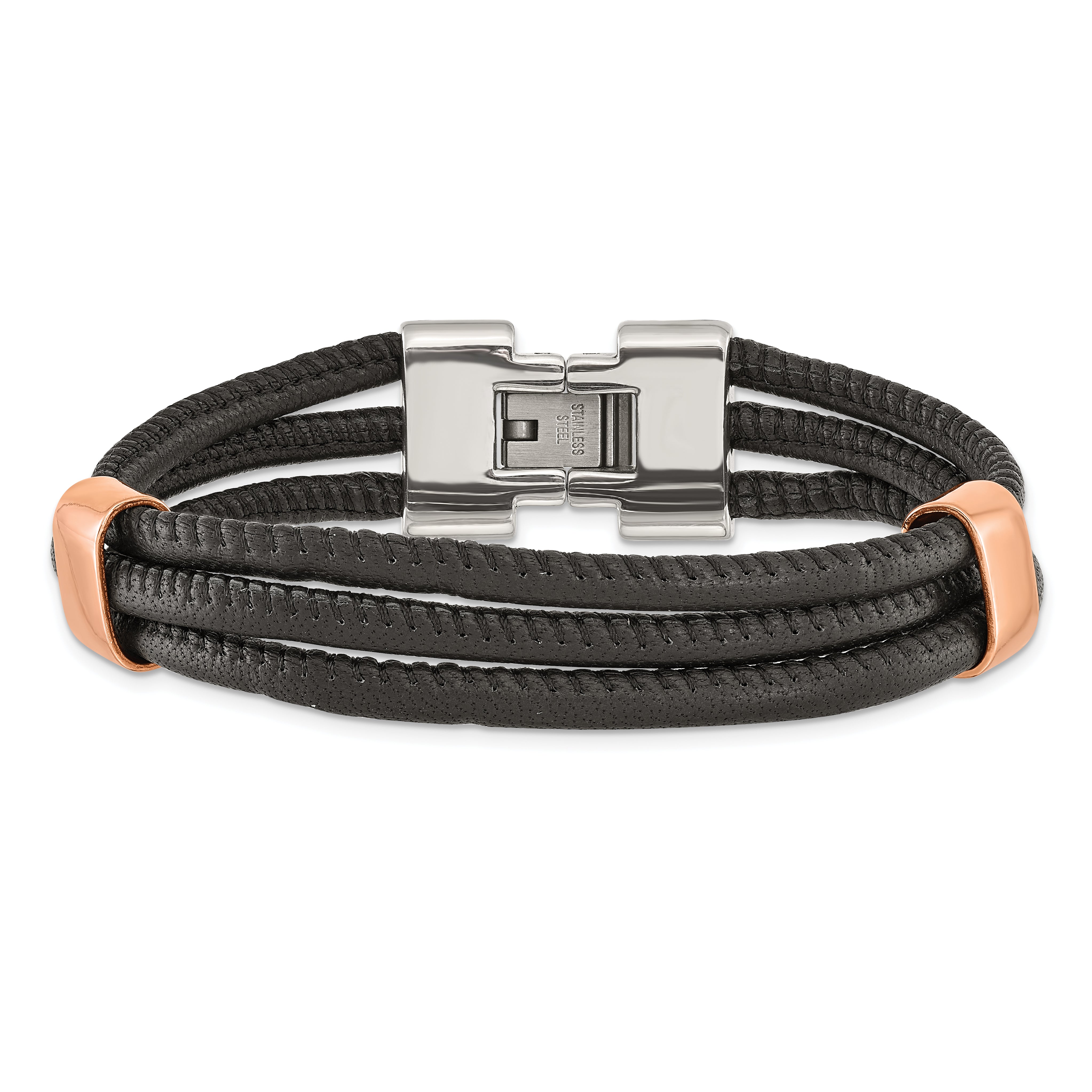 Chisel Stainless Steel Polished Rose IP-plated Multi Strand Black Leather 8 inch Bracelet