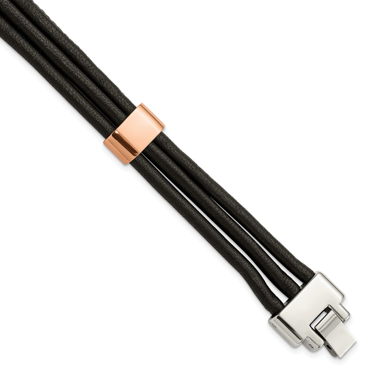 Chisel Stainless Steel Polished Rose IP-plated Multi Strand Black Leather 8 inch Bracelet