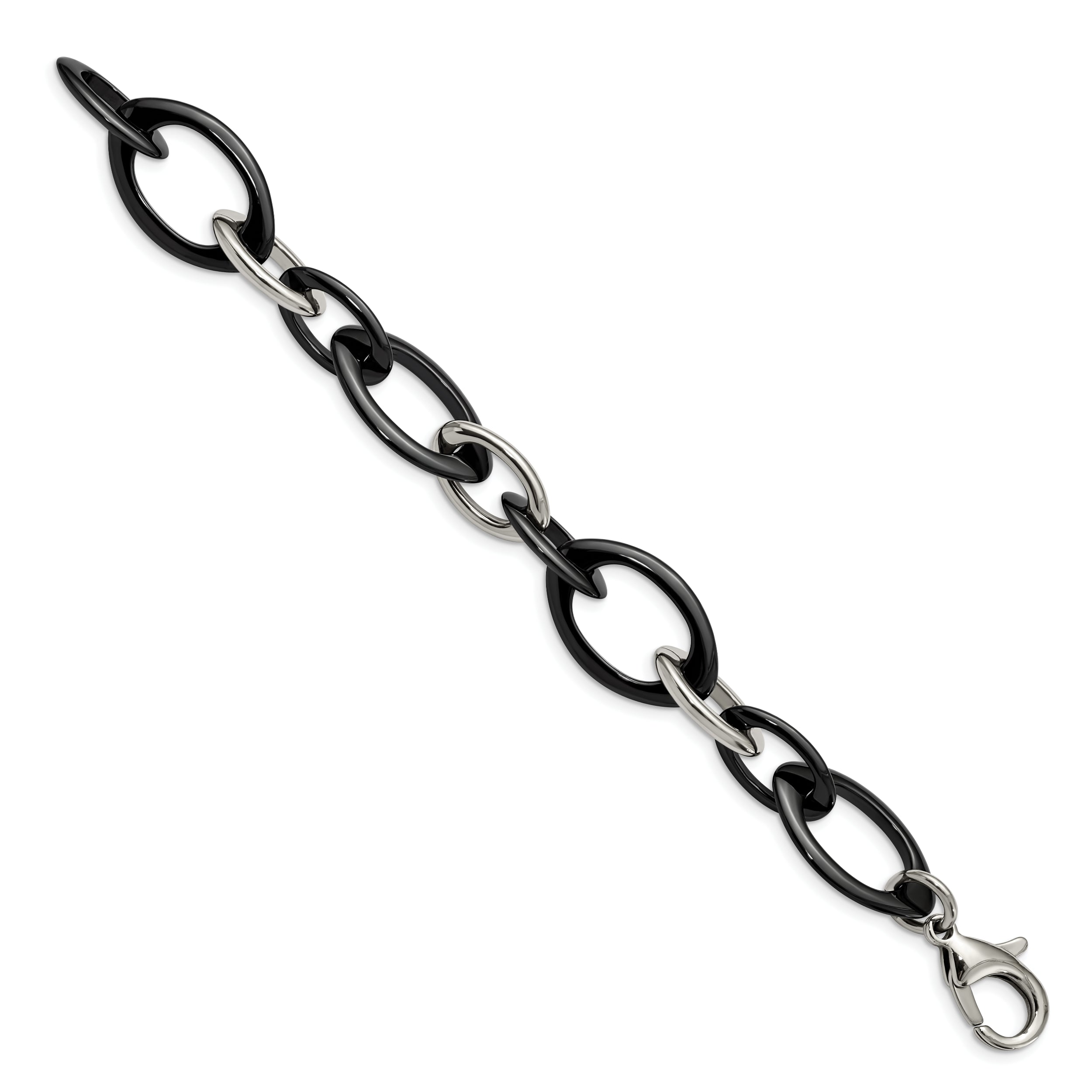 Chisel Stainless Steel Polished with Black Ceramic 8 inch Open Link Bracelet