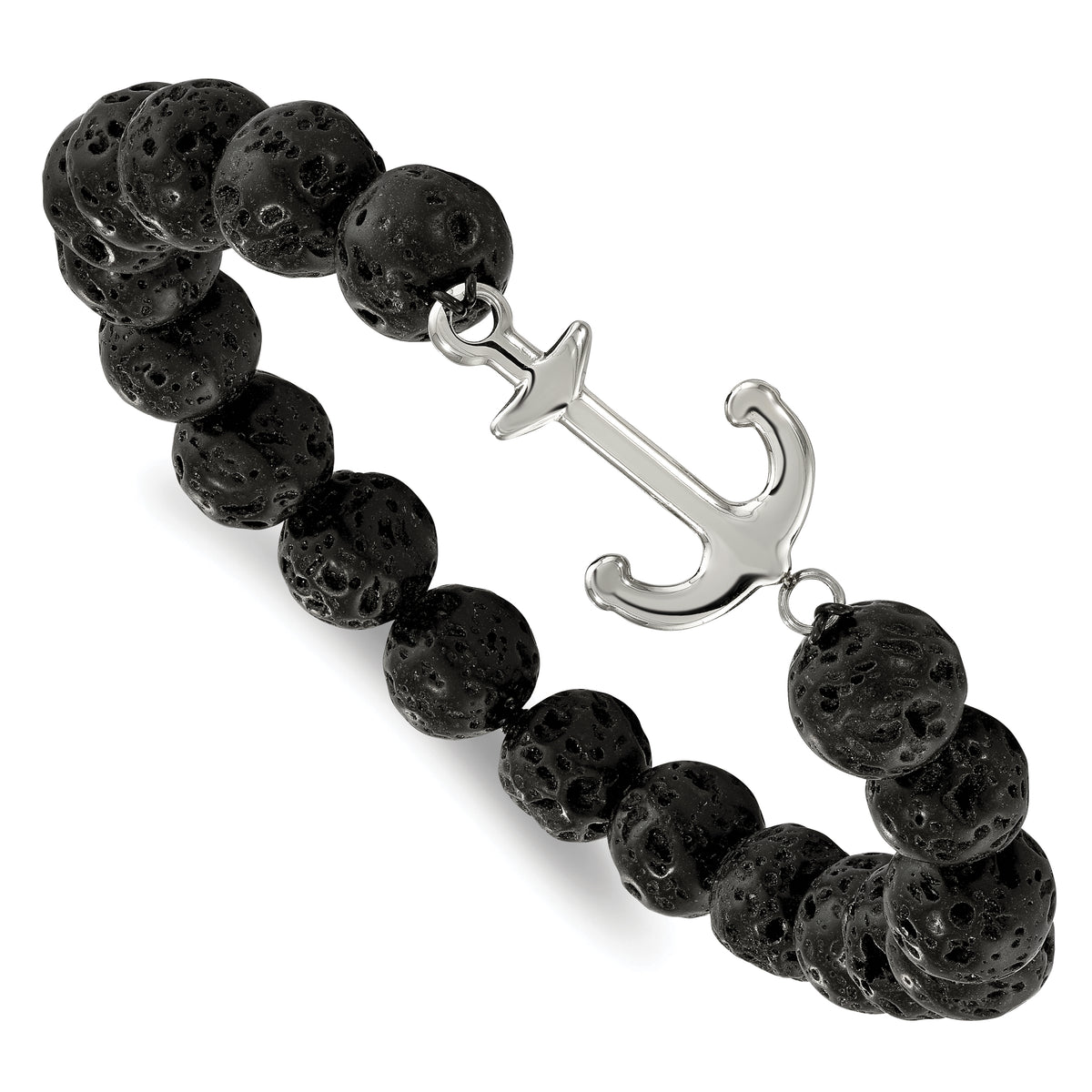 Chisel Stainless Steel Polished Anchor 10mm Black Lava Stone Stretch Bracelet