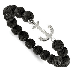 Chisel Stainless Steel Polished Anchor 10mm Black Lava Stone Stretch Bracelet