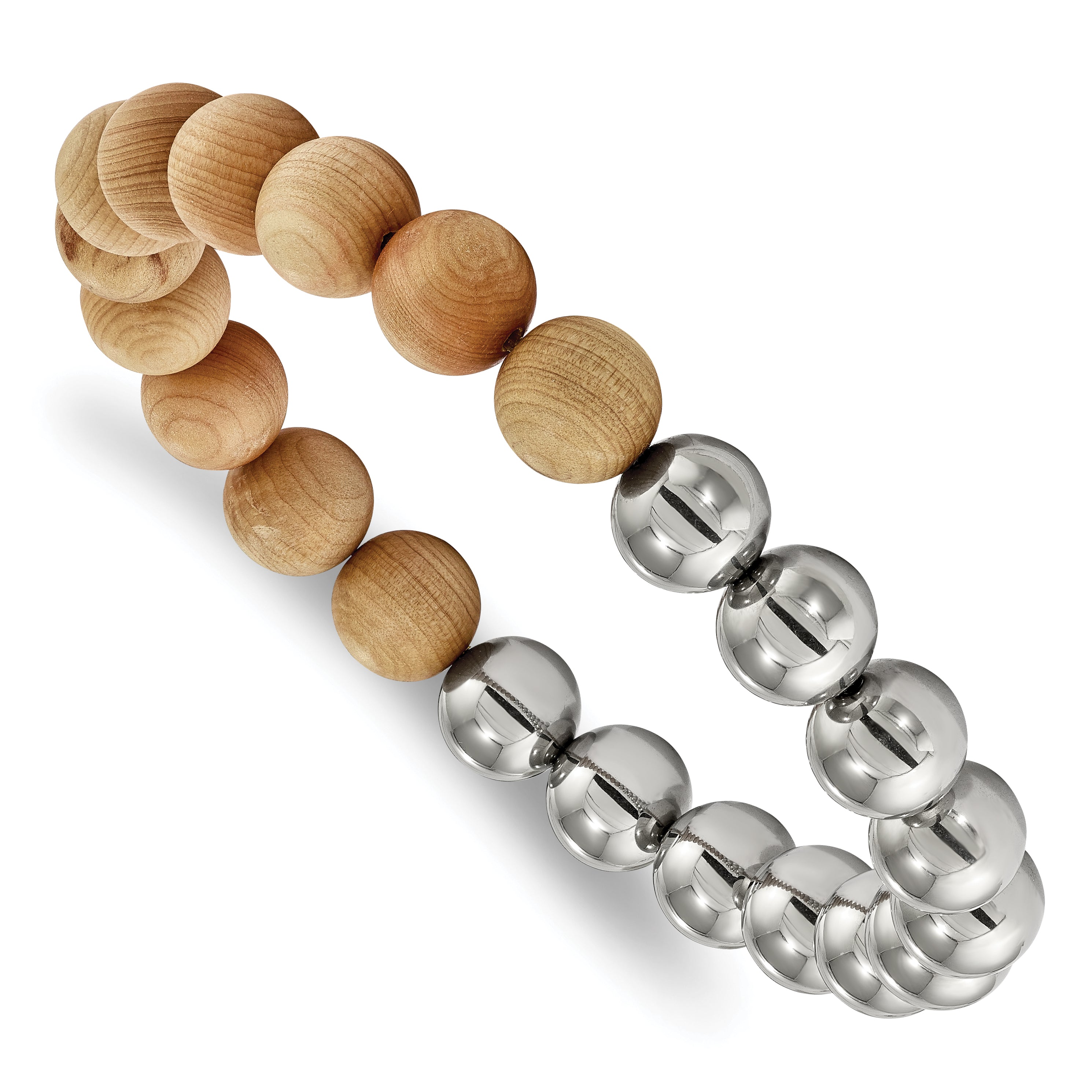 Chisel Stainless Steel Polished Beads and Cypress Wood Beaded Stretch Bracelet