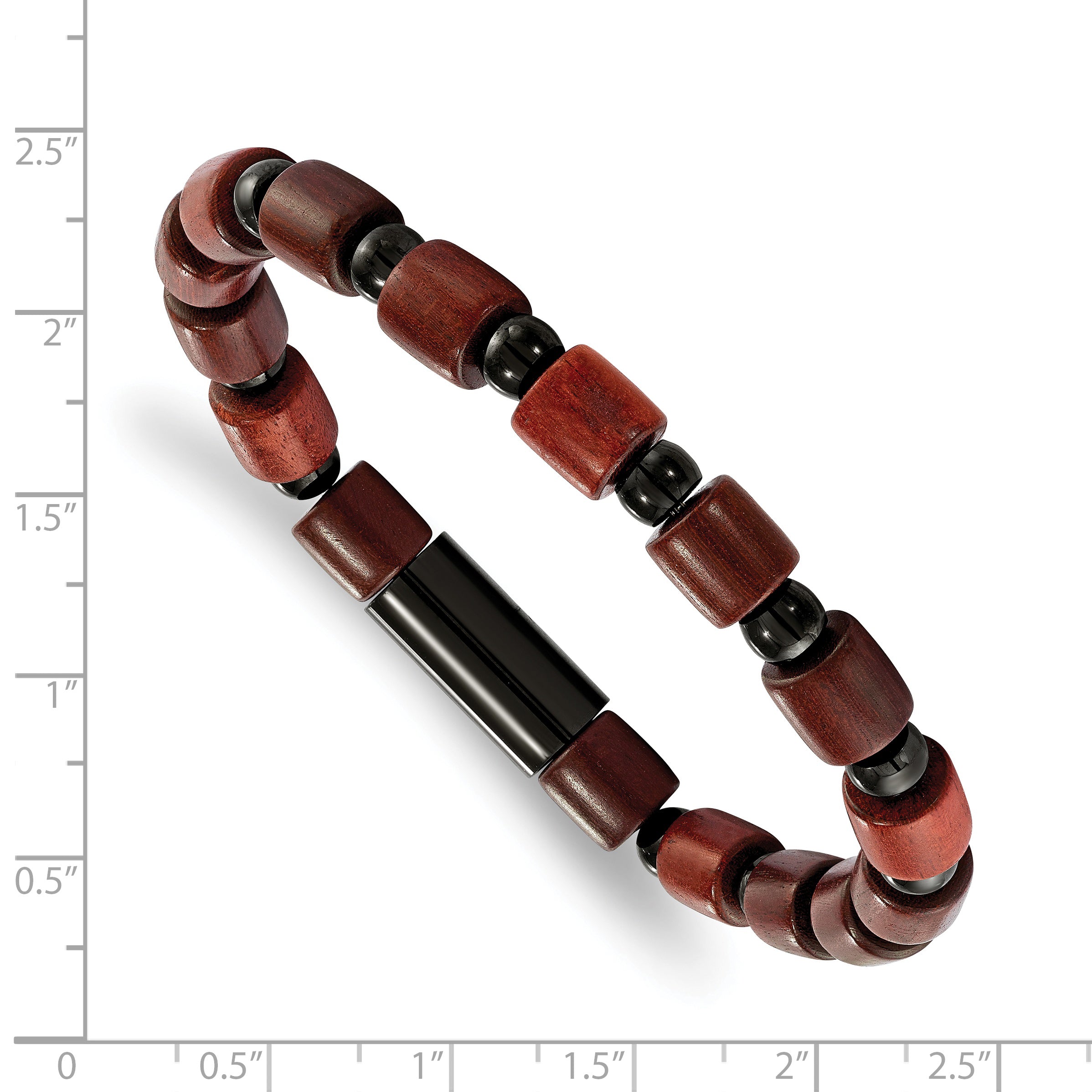 Chisel Stainless Steel Polished Black IP-plated Beads and Wood Beaded Stretch Bracelet