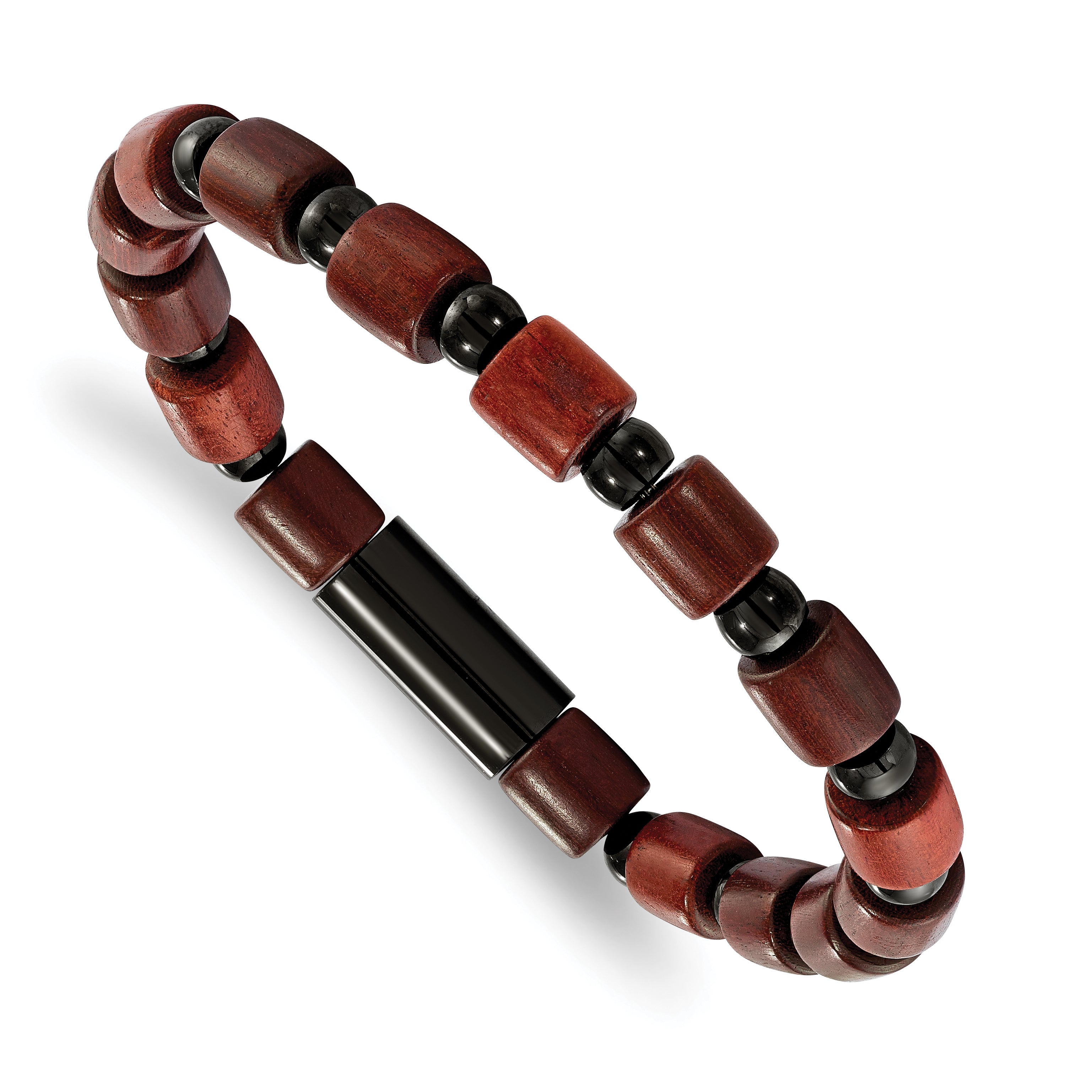 Chisel Stainless Steel Polished Black IP-plated Beads and Wood Beaded Stretch Bracelet