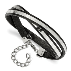 Stainless Steel Polished Italian Leather 14.5in w/2in ext Wrap Bracelet