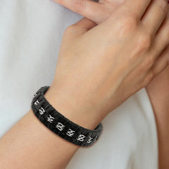 Stainless Steel Polished Black Woven Leather 7in w/.5in ext Bracelet