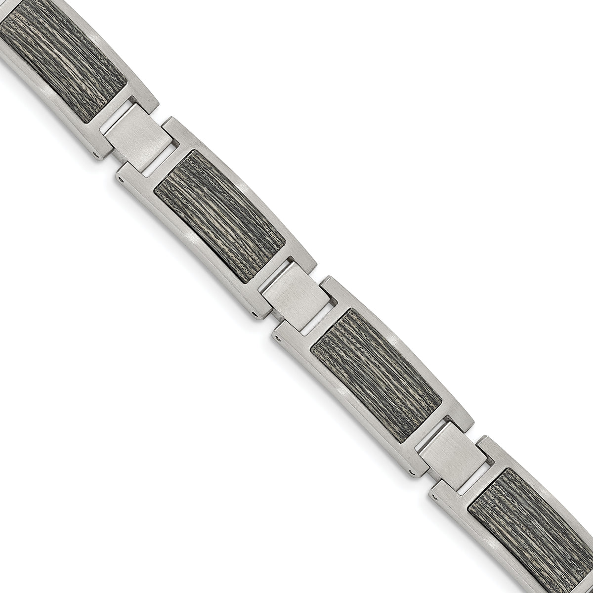 Chisel Stainless Steel Brushed with Grey Wood Inlay 8.75 inch Link Bracelet