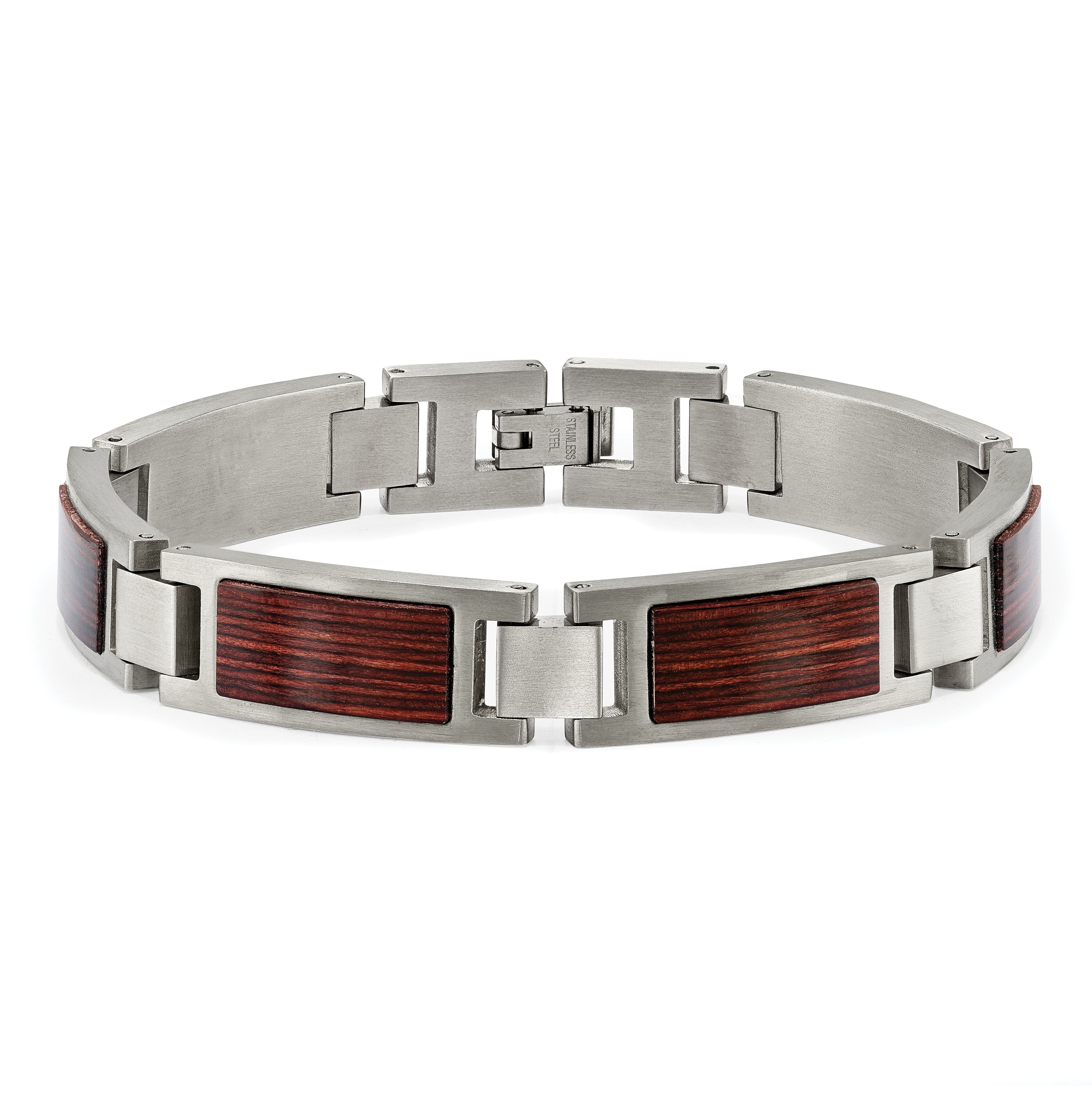 Chisel Stainless Steel Brushed with Wood Inlay 8.75 inch Link Bracelet