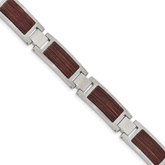 Chisel Stainless Steel Brushed with Wood Inlay 8.75 inch Link Bracelet