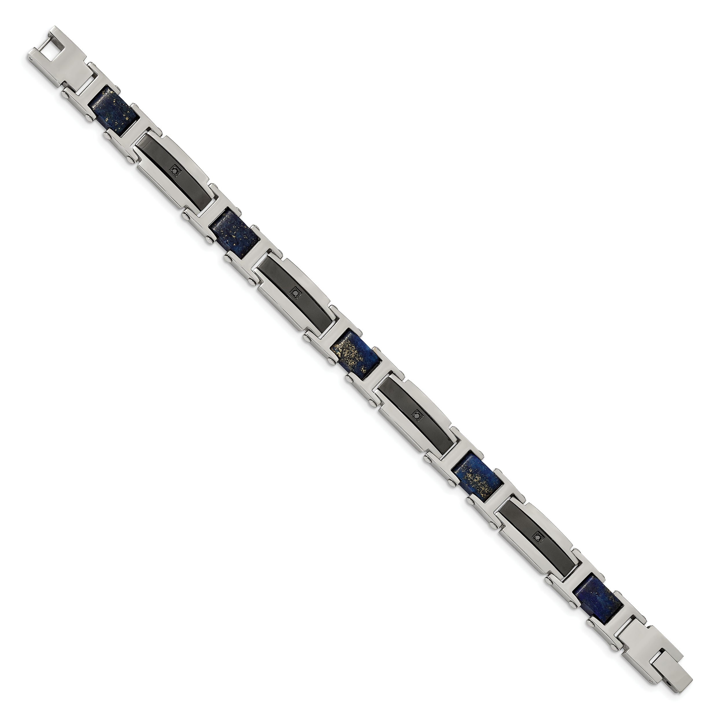 Chisel Stainless Steel Polished Black IP-plated with Genuine Lapis and Black CZ 8.75 inch Link Bracelet