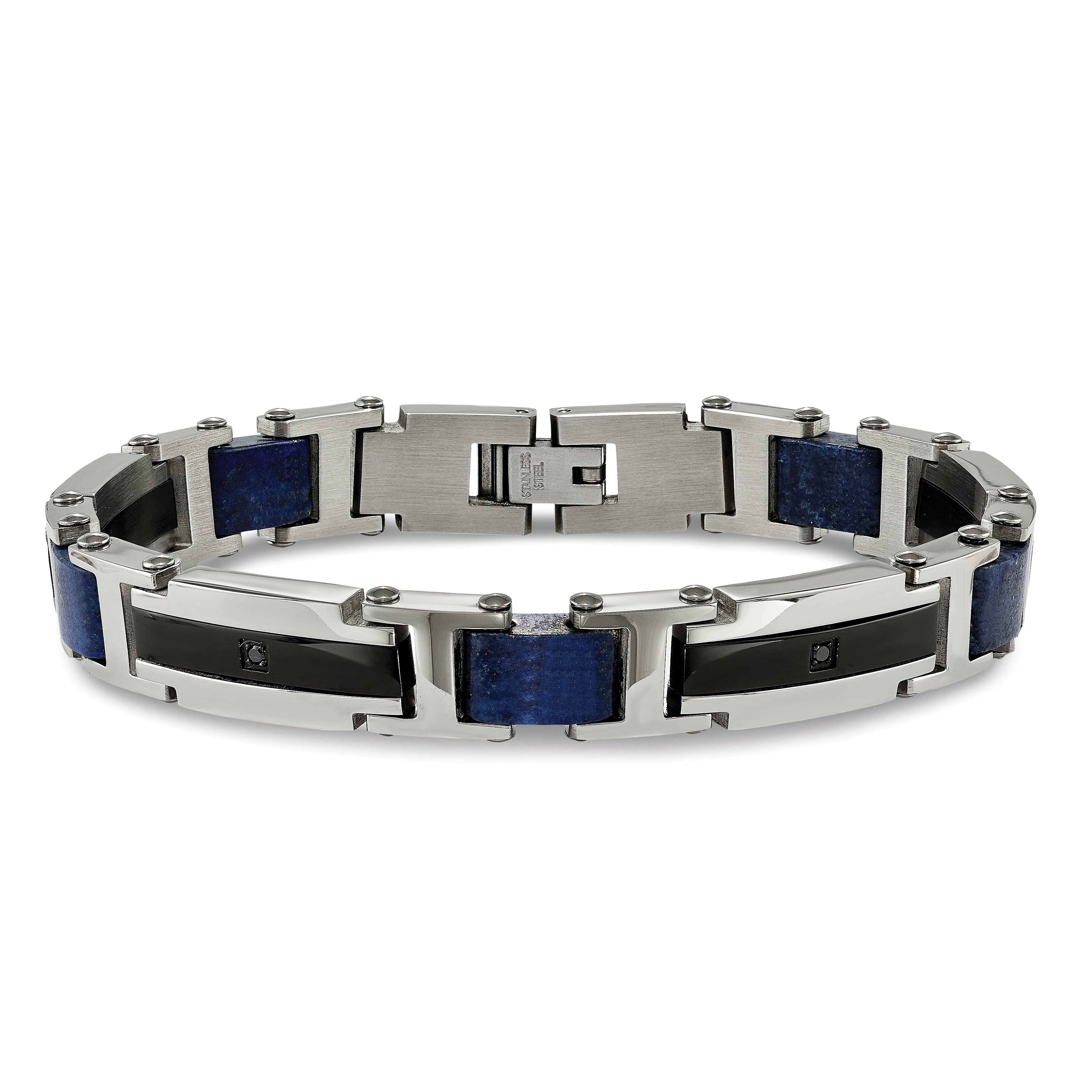 Chisel Stainless Steel Polished Black IP-plated with Genuine Lapis and Black CZ 8.75 inch Link Bracelet