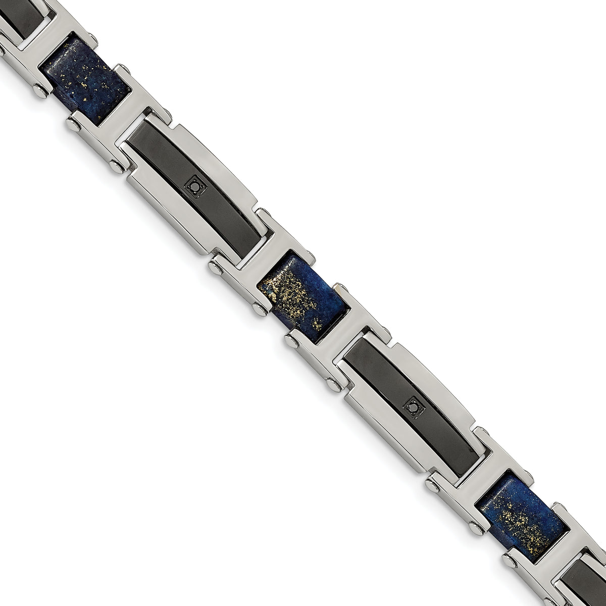 Chisel Stainless Steel Polished Black IP-plated with Genuine Lapis and Black CZ 8.75 inch Link Bracelet