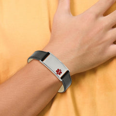 Chisel Stainless Steel Polished with Red Enamel Medical ID Black Leather Adjustable 6.5 to 8.25 inch Bracelet