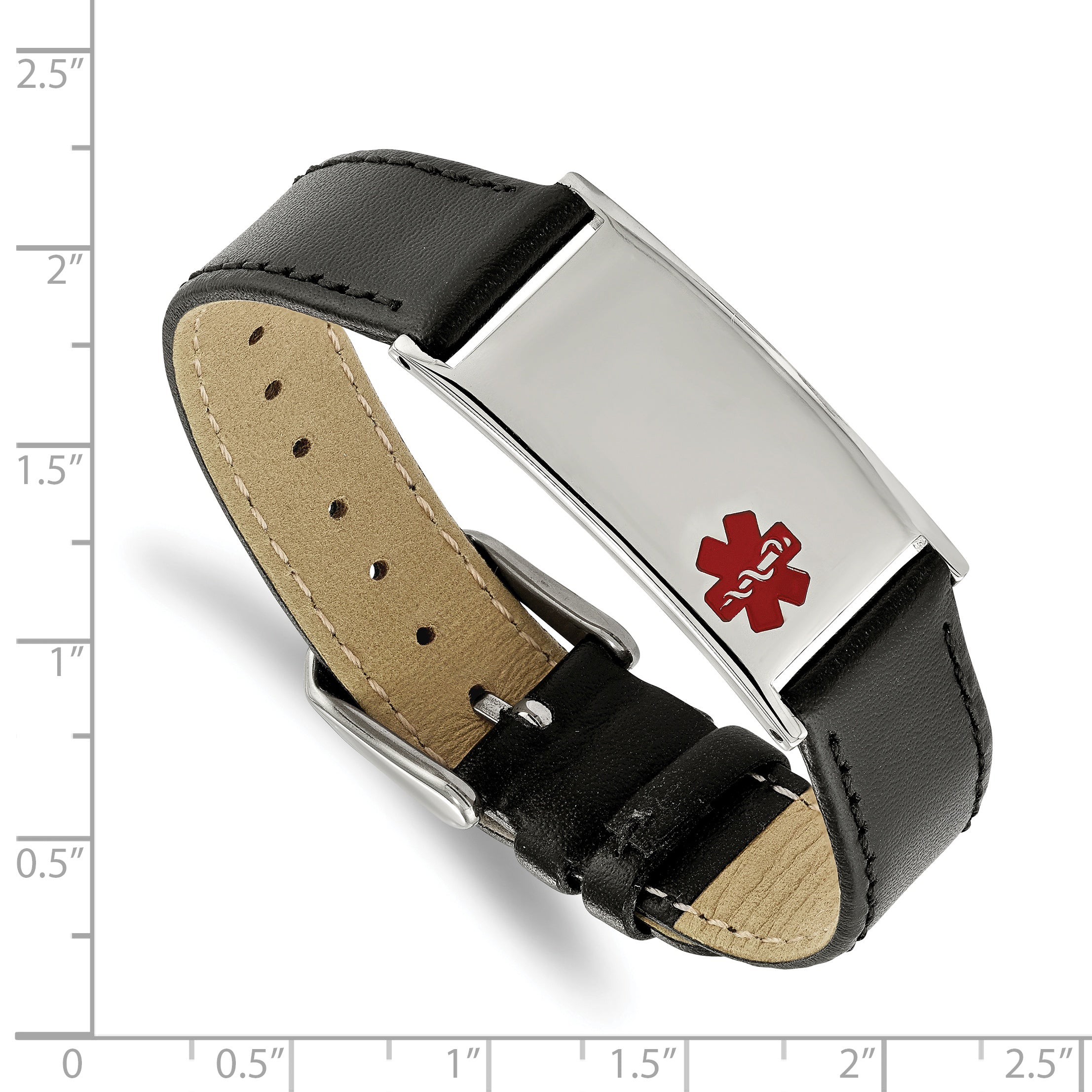 Chisel Stainless Steel Polished with Red Enamel Medical ID Black Leather Adjustable 6.5 to 8.25 inch Bracelet