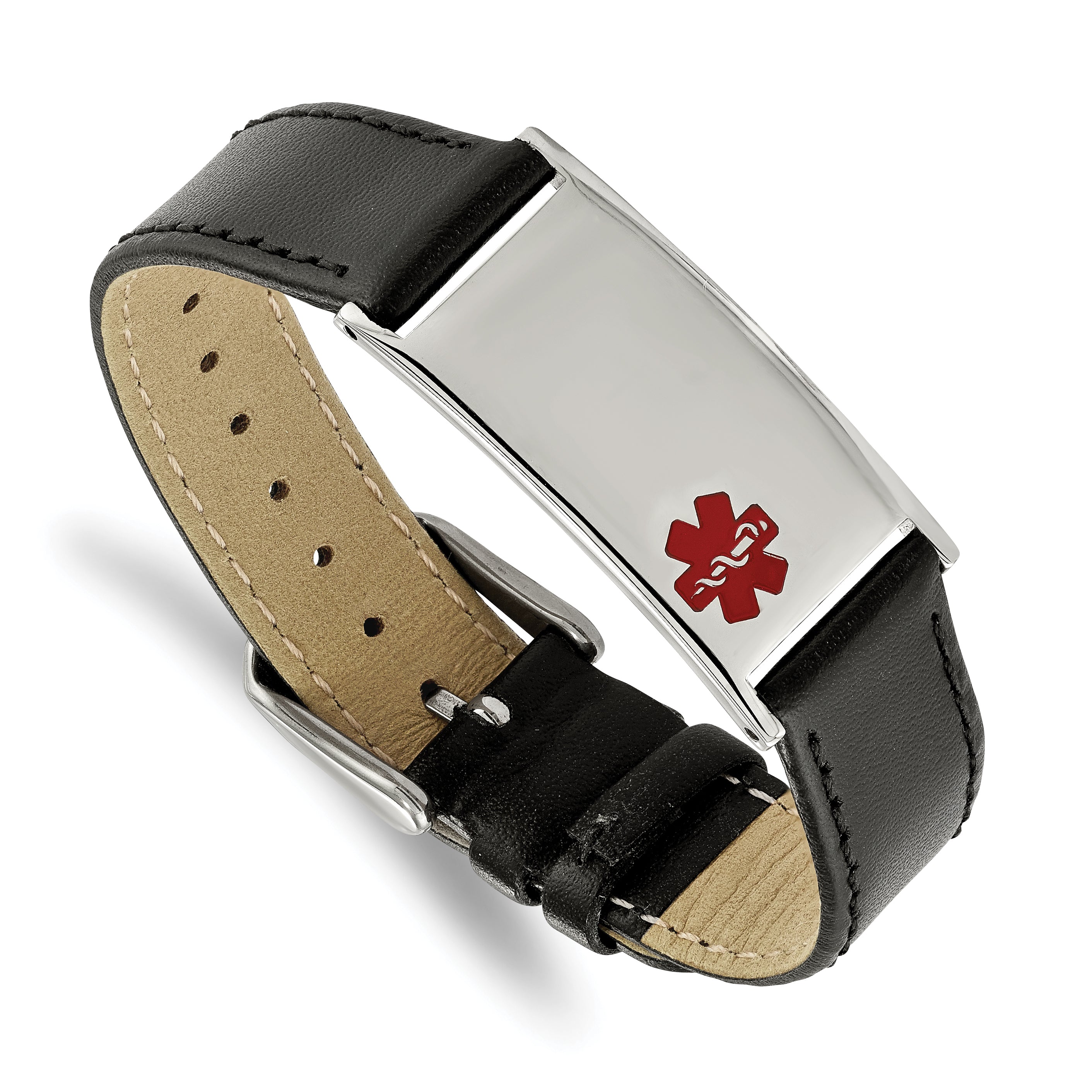 Chisel Stainless Steel Polished with Red Enamel Medical ID Black Leather Adjustable 6.5 to 8.25 inch Bracelet