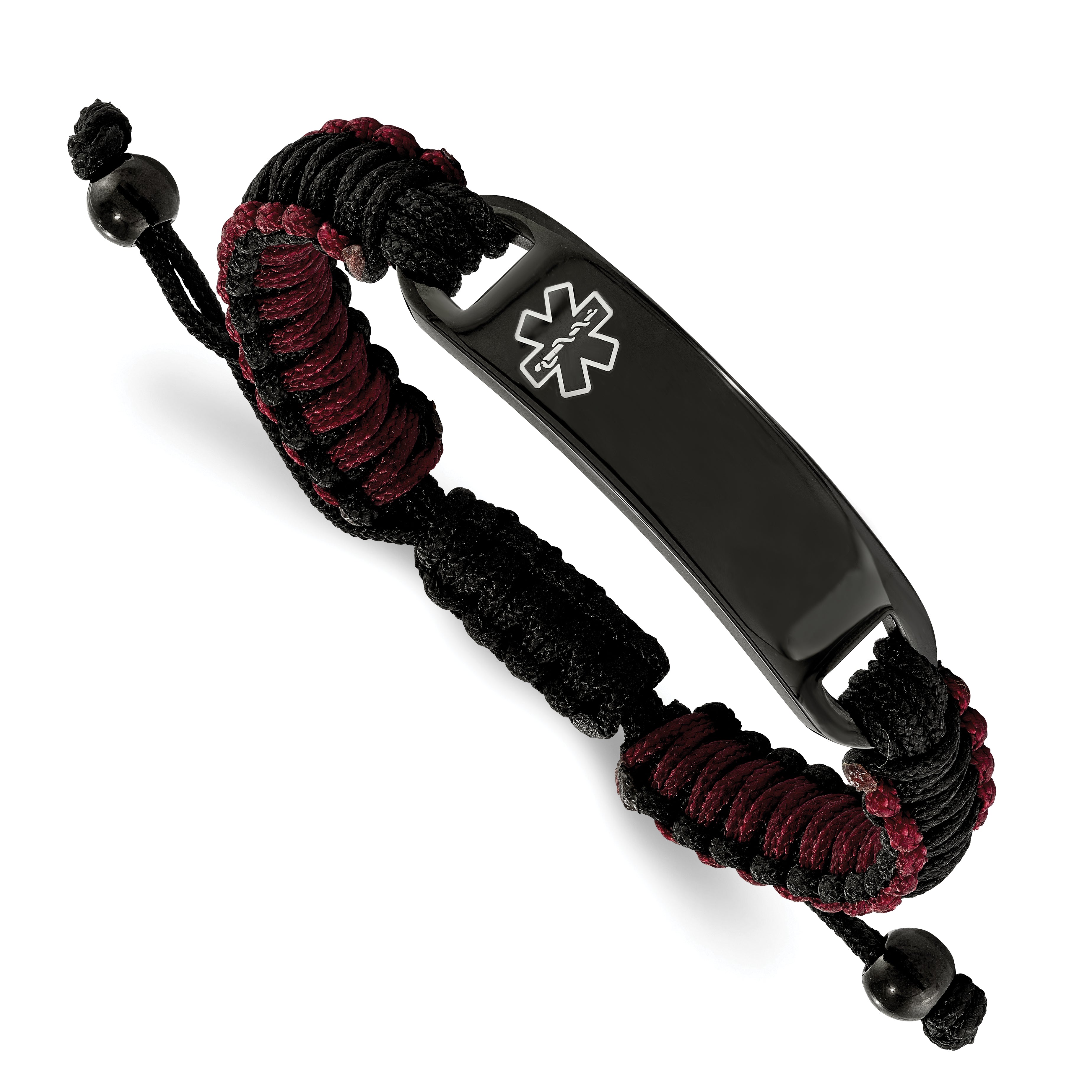 Chisel Stainless Steel Polished Black IP-plated with White Enamel Black and Red Nylon Adjustable Medical ID Bracelet