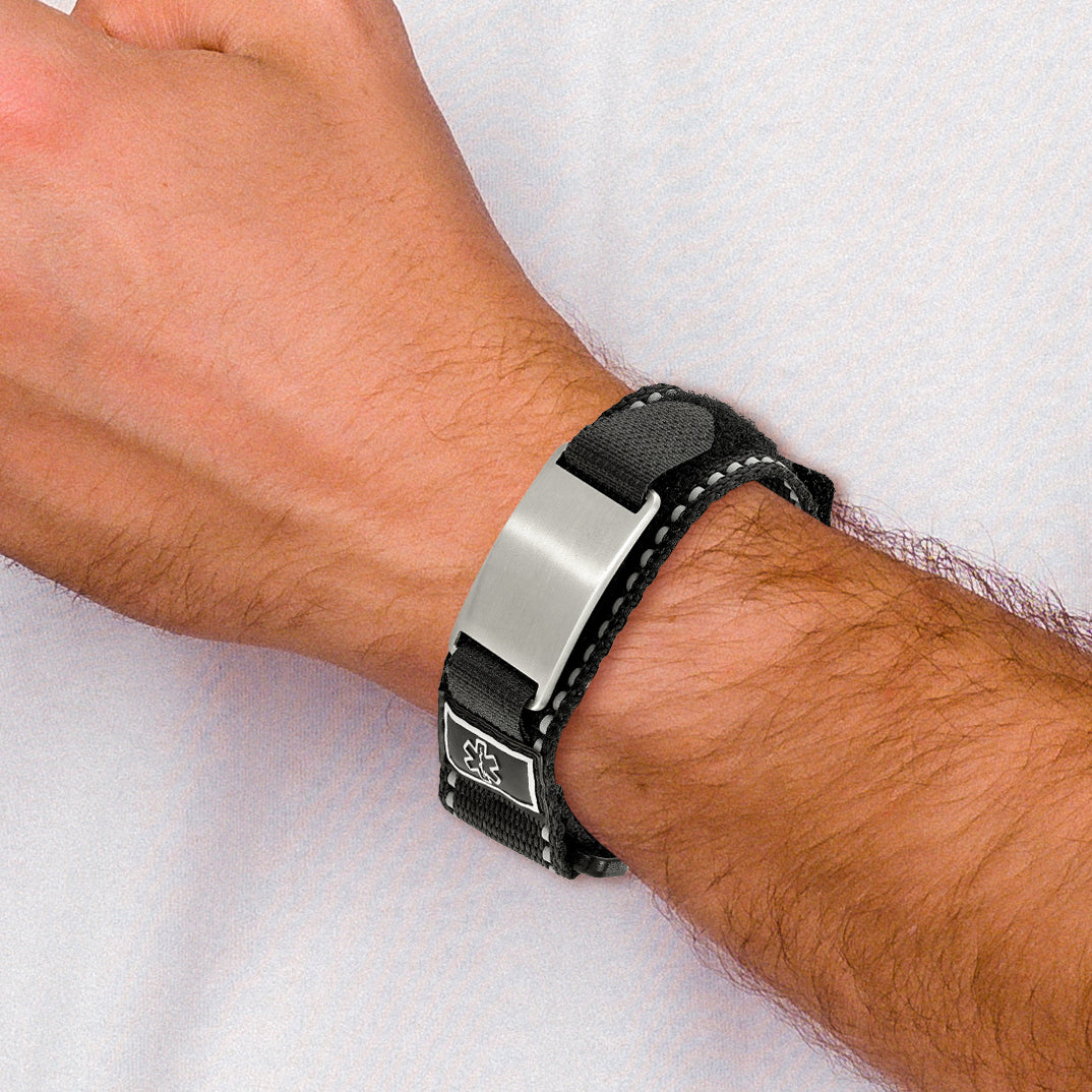 Chisel Stainless Steel Brushed Black Nylon with Adjustable Velcro Close Medical ID Bracelet