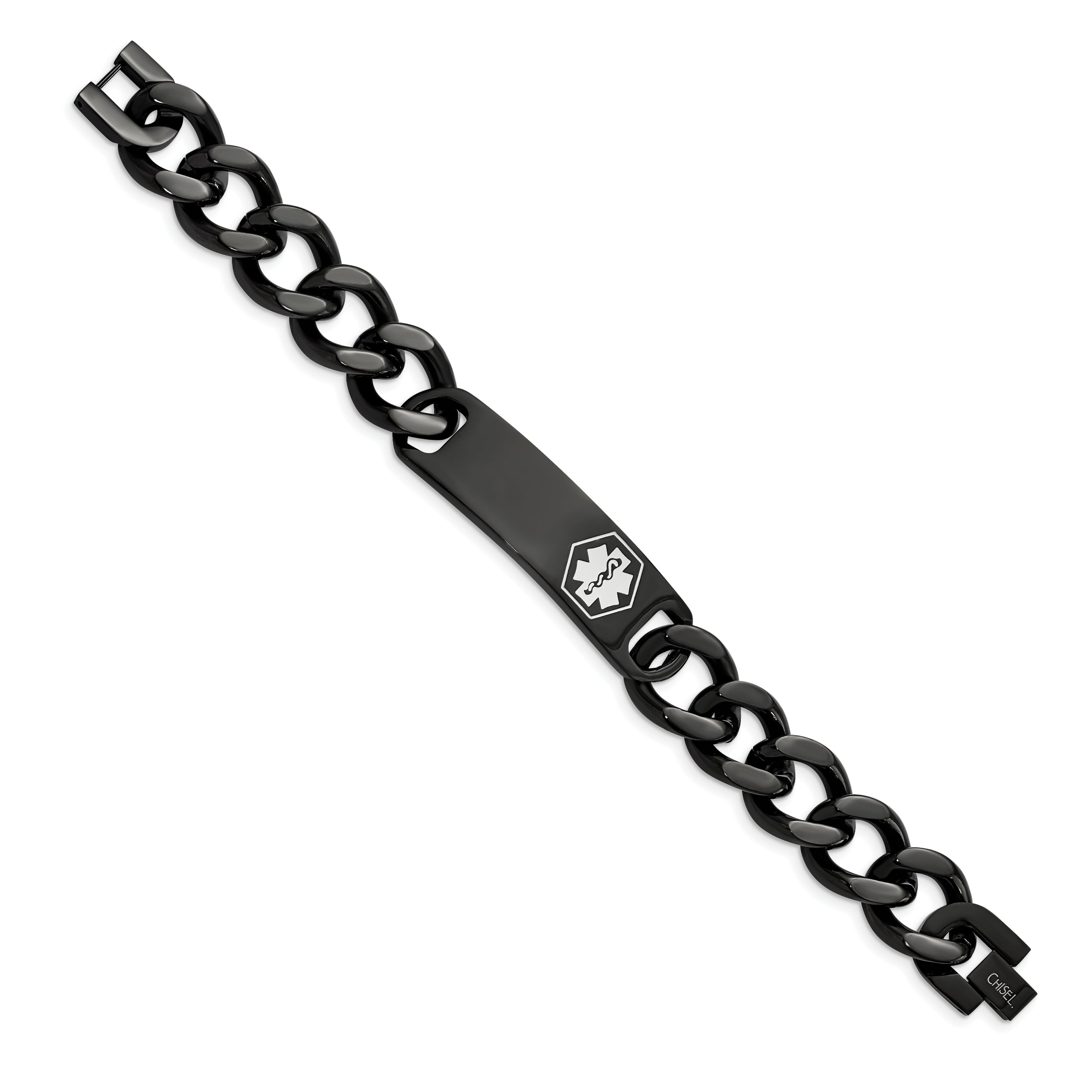 Chisel Stainless Steel Polished Black IP-plated with White Enamel Medical ID 8.25 inch Curb Chain Bracelet